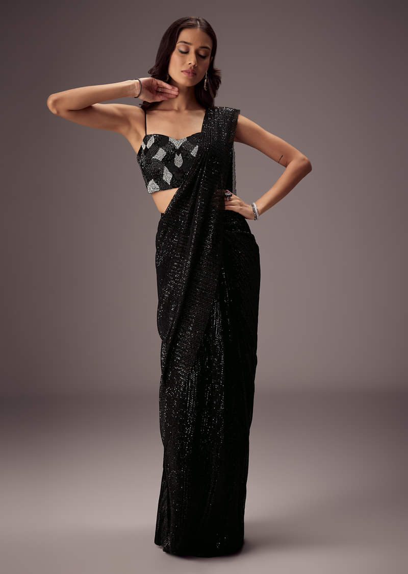 Black Shimmer Saree With Richly Hand Embroidered Blouse