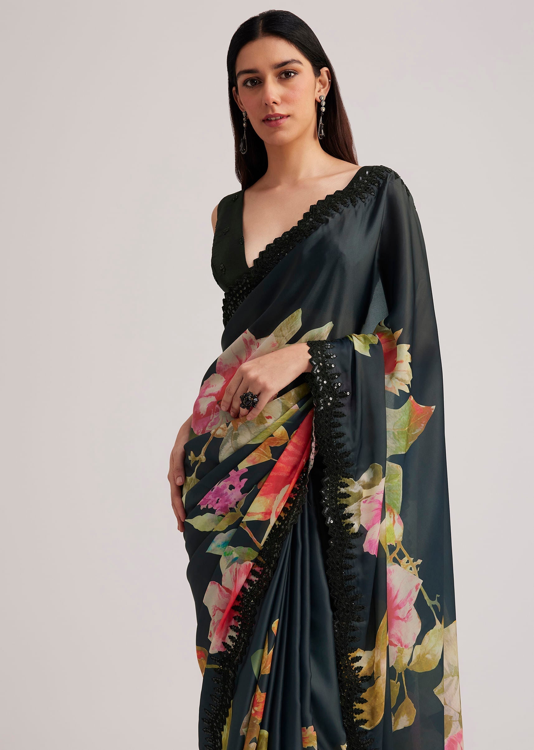 Black Floral Printed Satin Saree With Sequins Lace Border