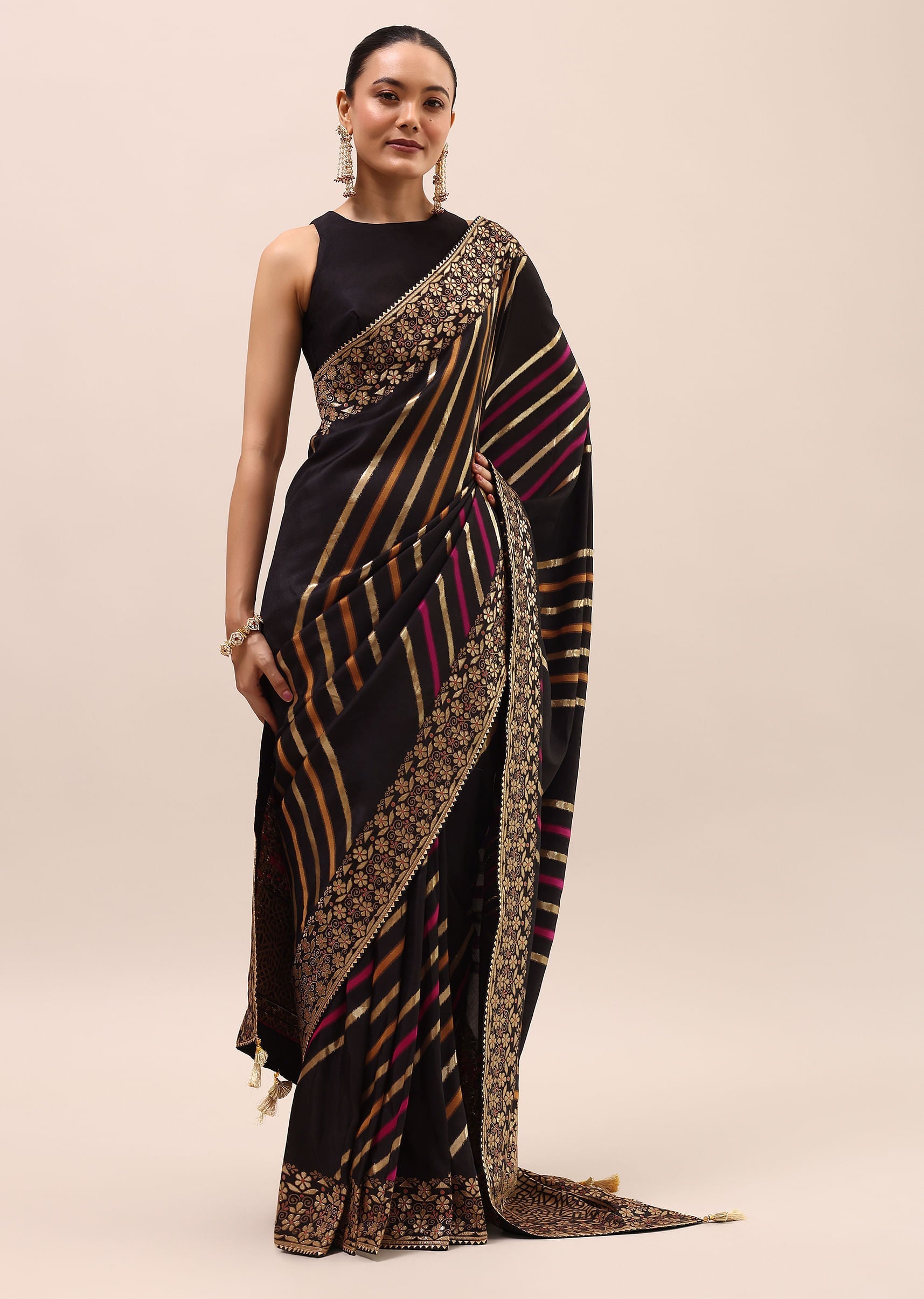 Black Silk Saree In Butta Work With Unstitched Blouse