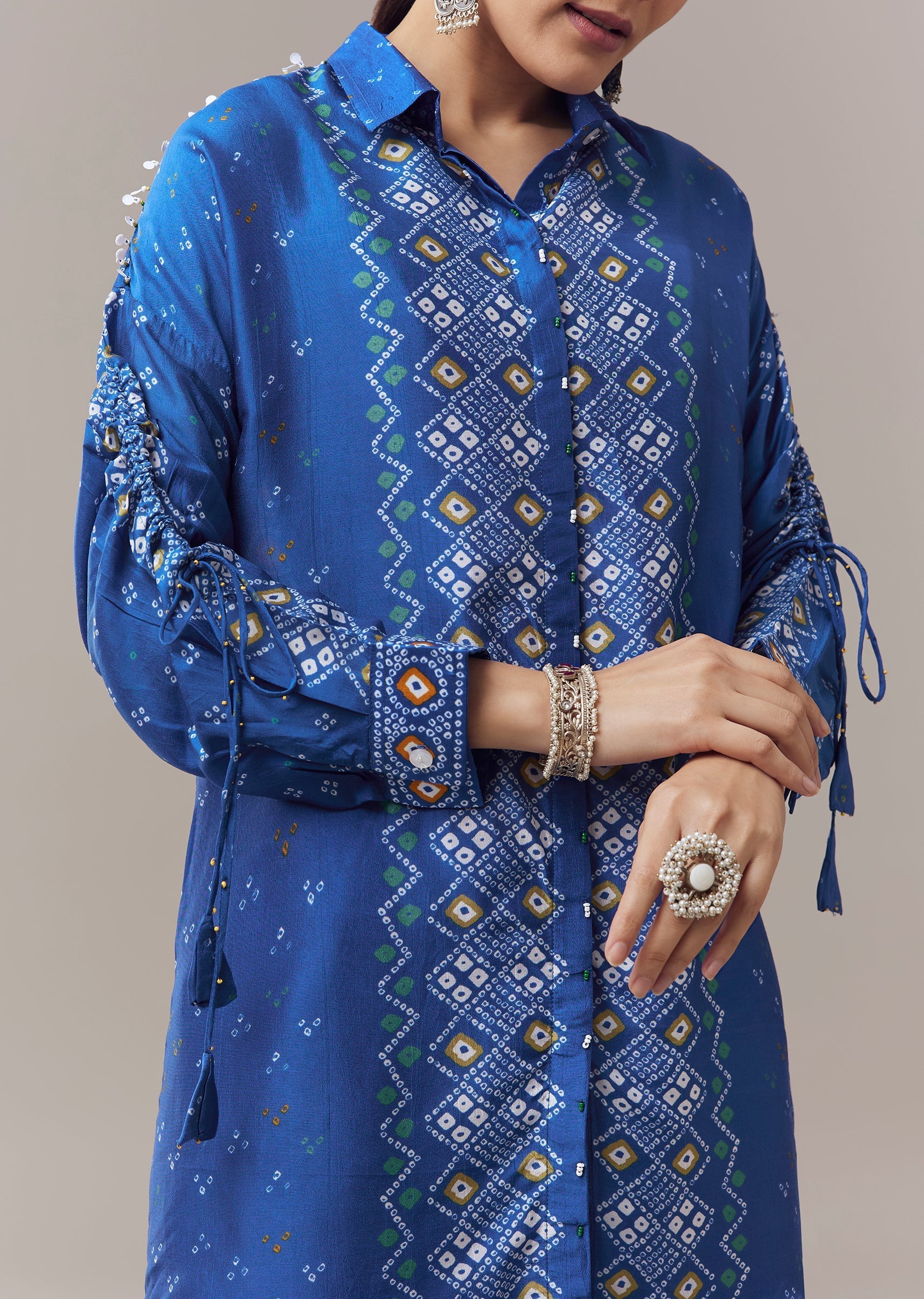 Blue Bandhani Print Silk Coord Set With Beads Detail
