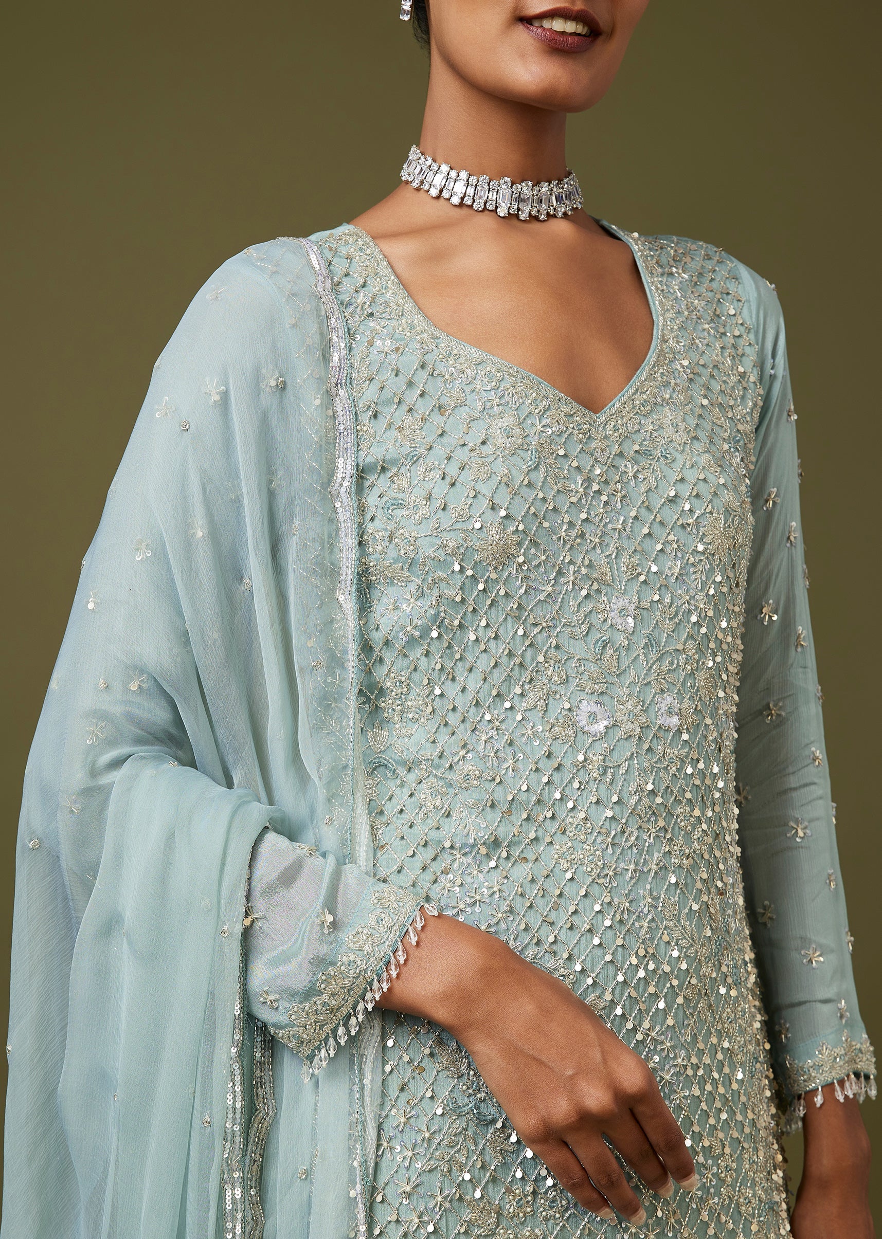 Blue Cut Dana Sequin Sharara Set With Dupatta