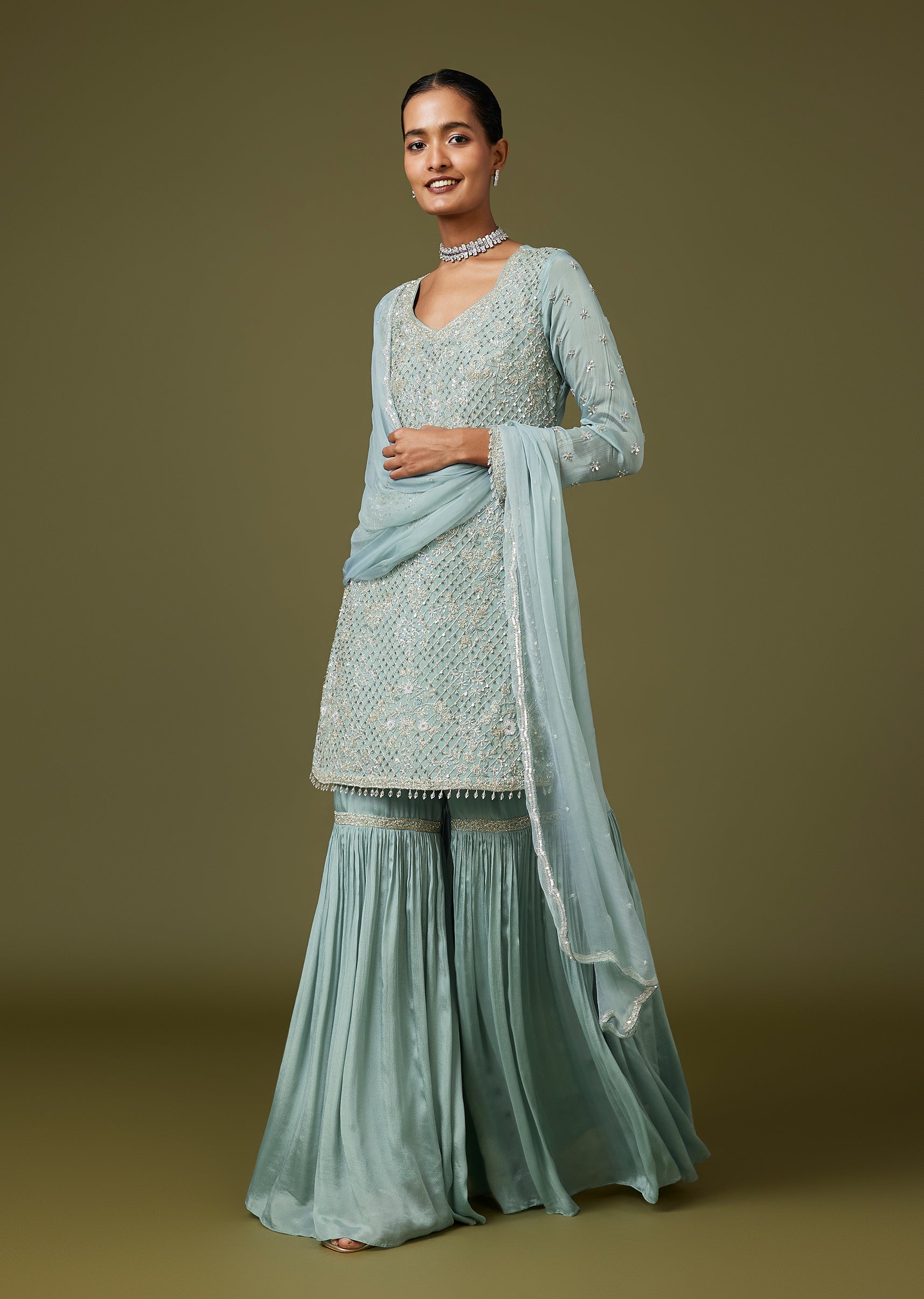 Blue Cut Dana Sequin Sharara Set With Dupatta