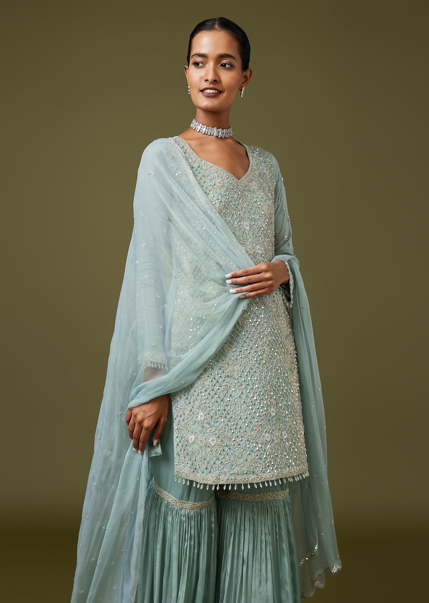 Blue Cut Dana Sequin Sharara Set With Dupatta