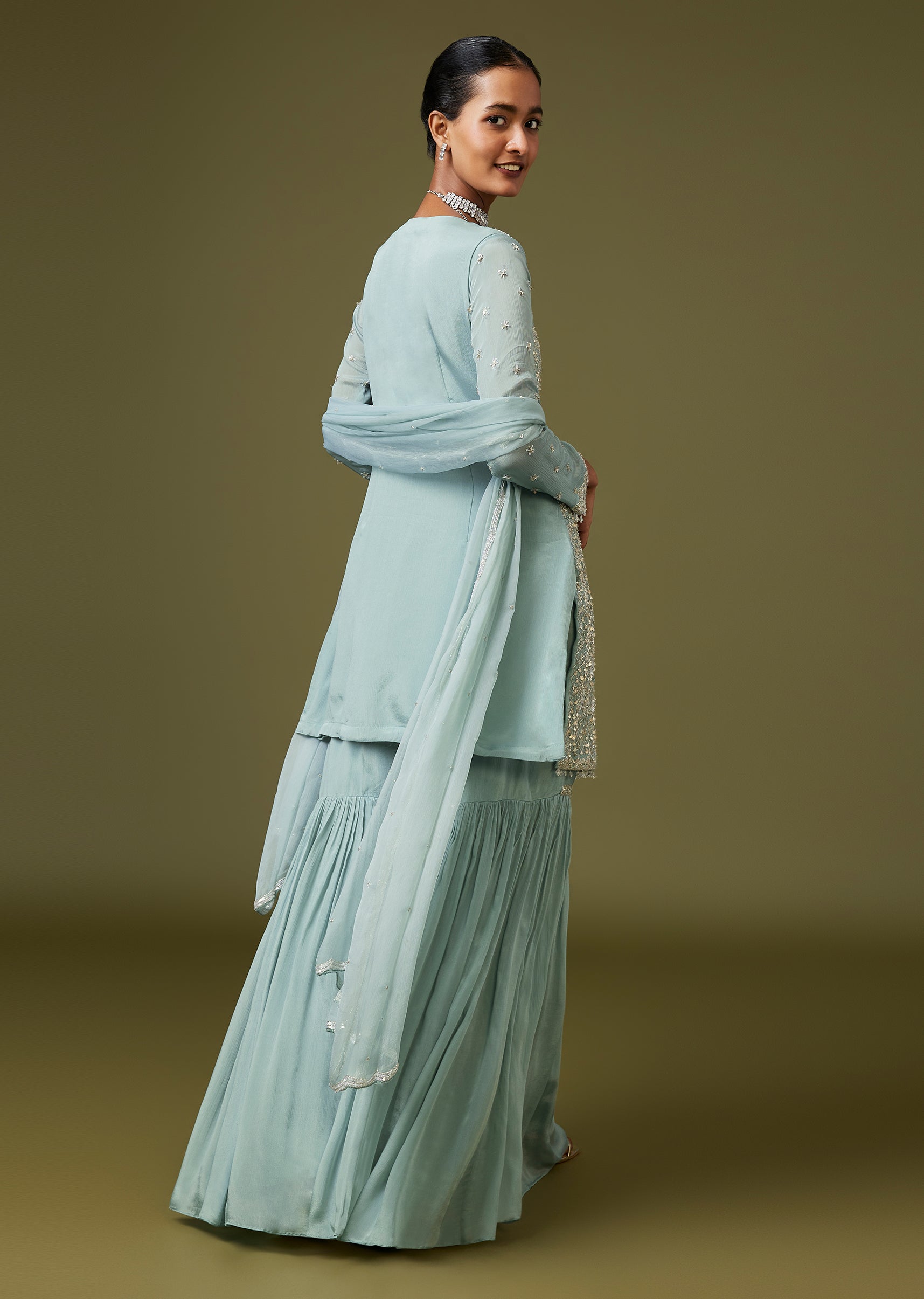 Blue Cut Dana Sequin Sharara Set With Dupatta