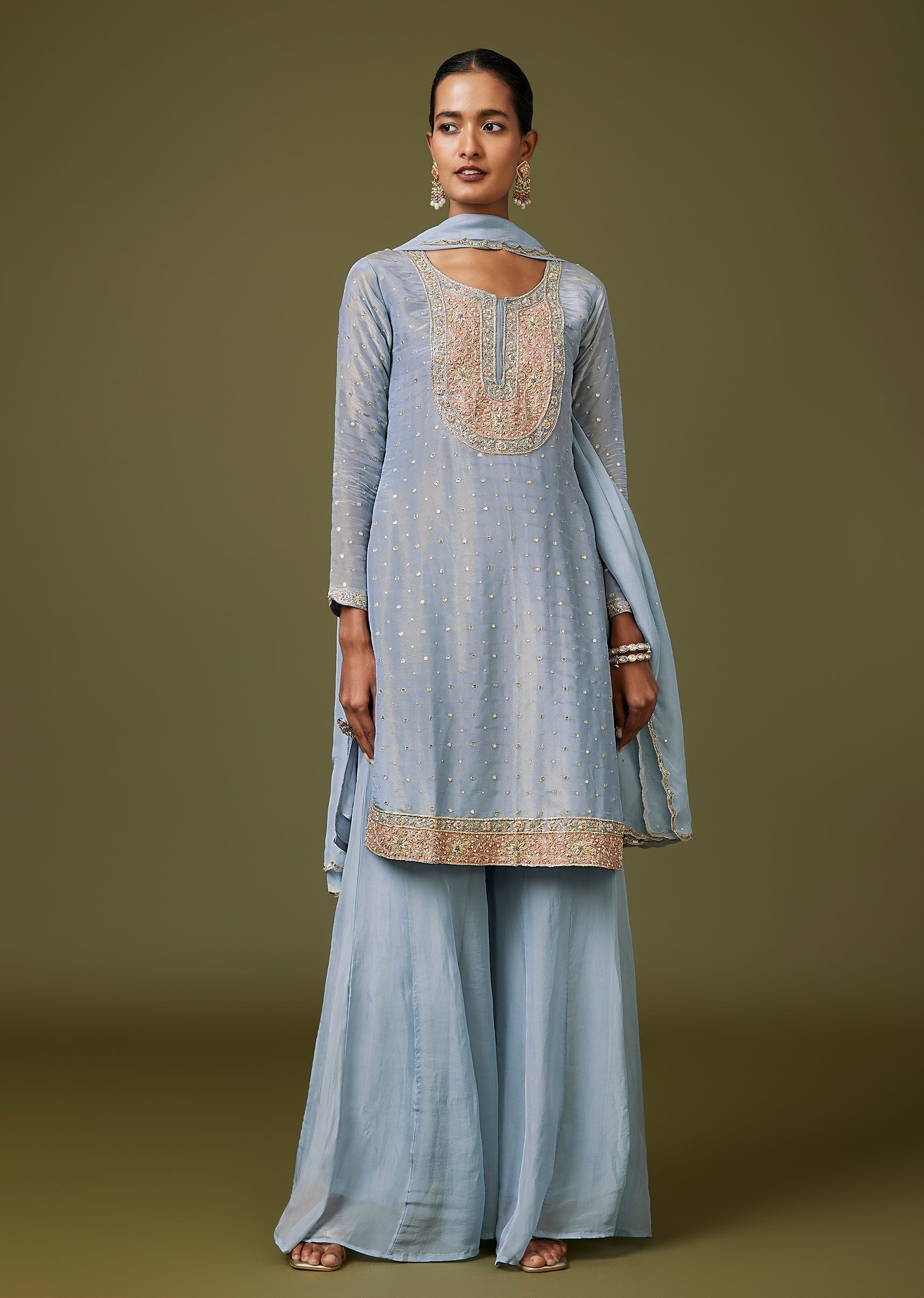 Blue Zardozi Sequin Organza Palazzo Suit With Dupatta