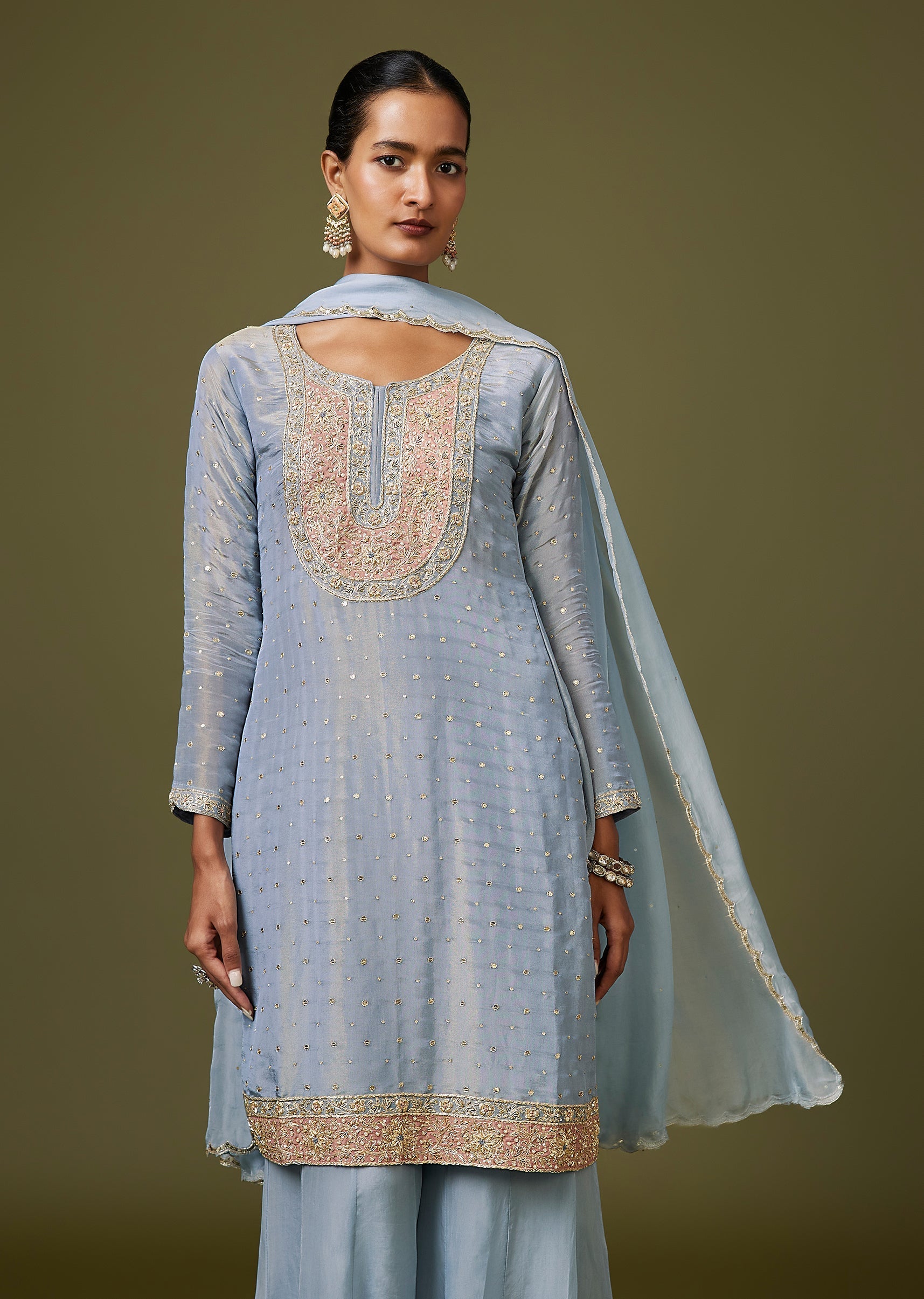 Blue Zardozi Sequin Organza Palazzo Suit With Dupatta