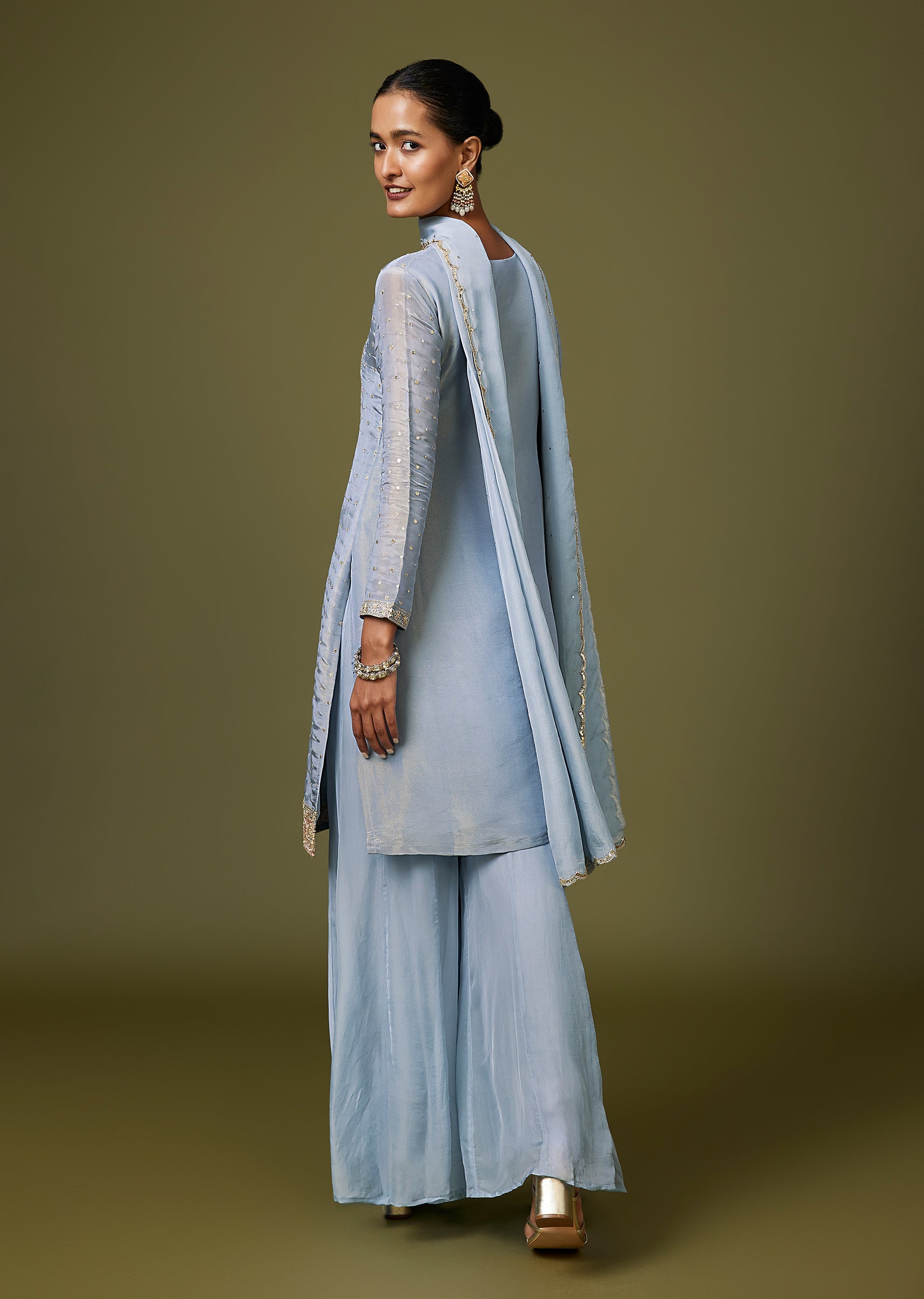 Blue Zardozi Sequin Organza Palazzo Suit With Dupatta