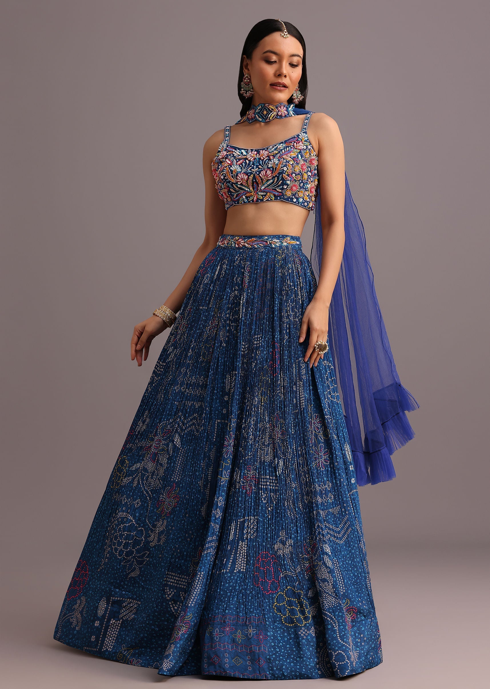 Blue Hand Embroidered Choli With Bandhani Print Lehenga And Choker Net Dupatta