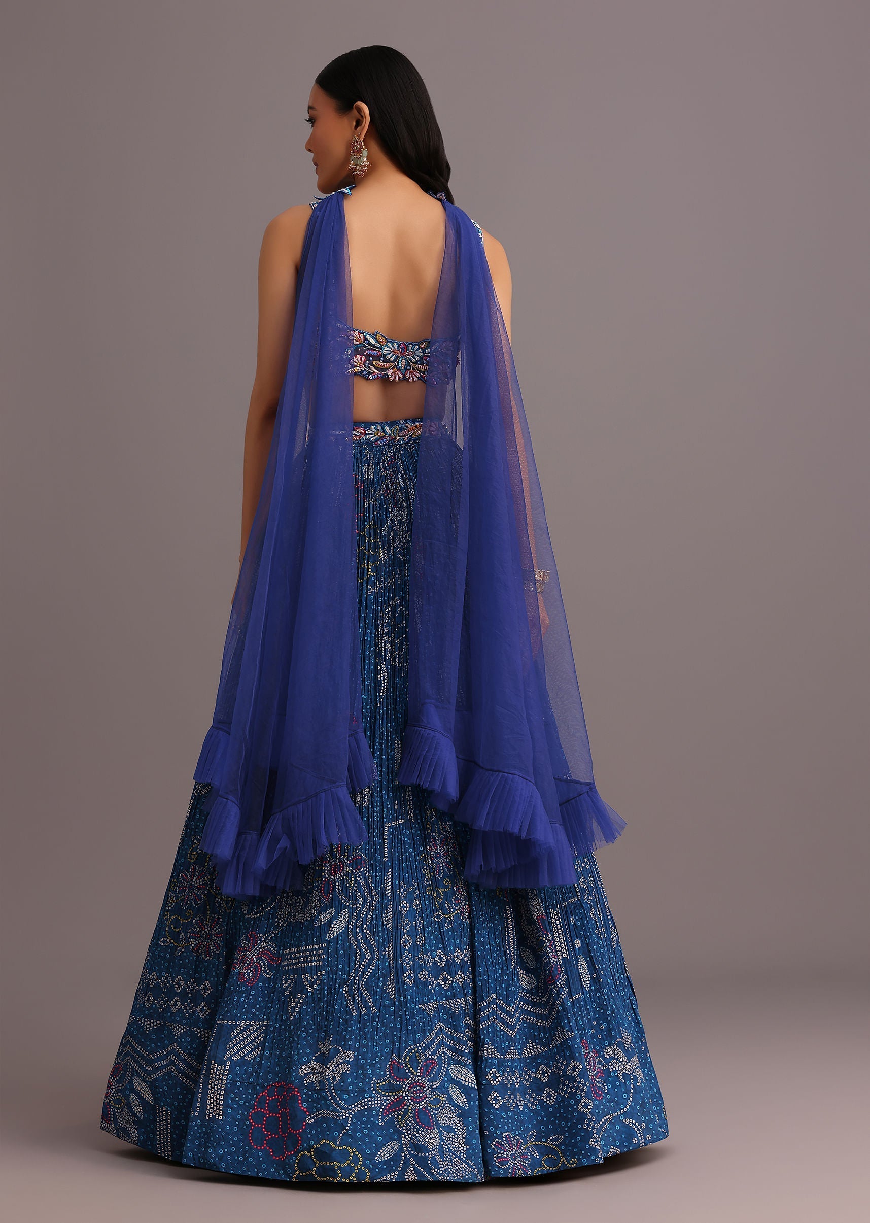 Blue Hand Embroidered Choli With Bandhani Print Lehenga And Choker Net Dupatta