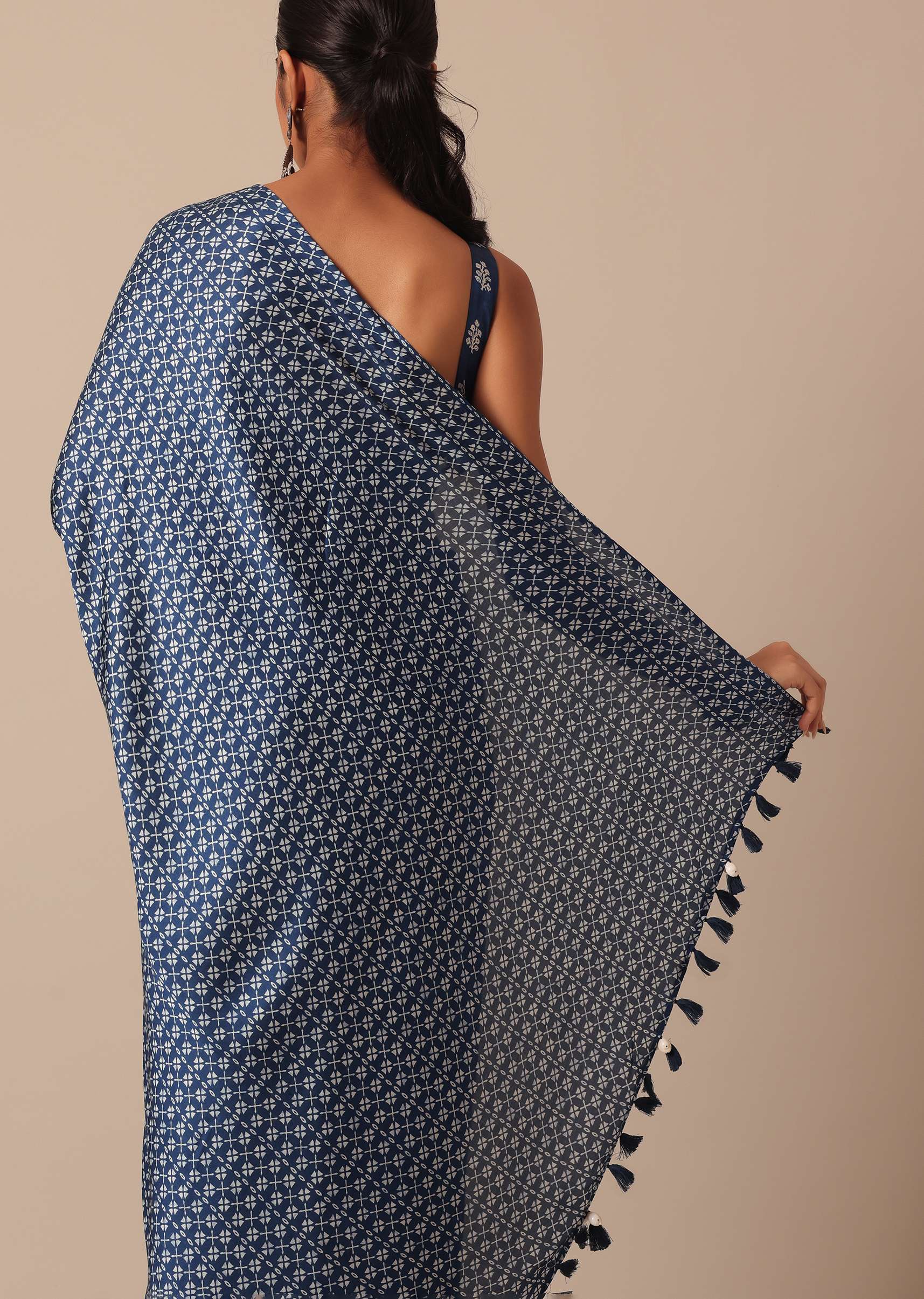 Blue Printed Saree In Satin With Tassel Pallu And Unstitched Blouse Piece