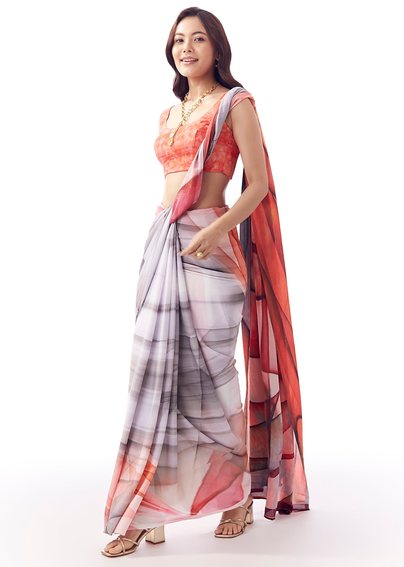 Blush Grey And Red Georgette Saree With All Over Abstract Print