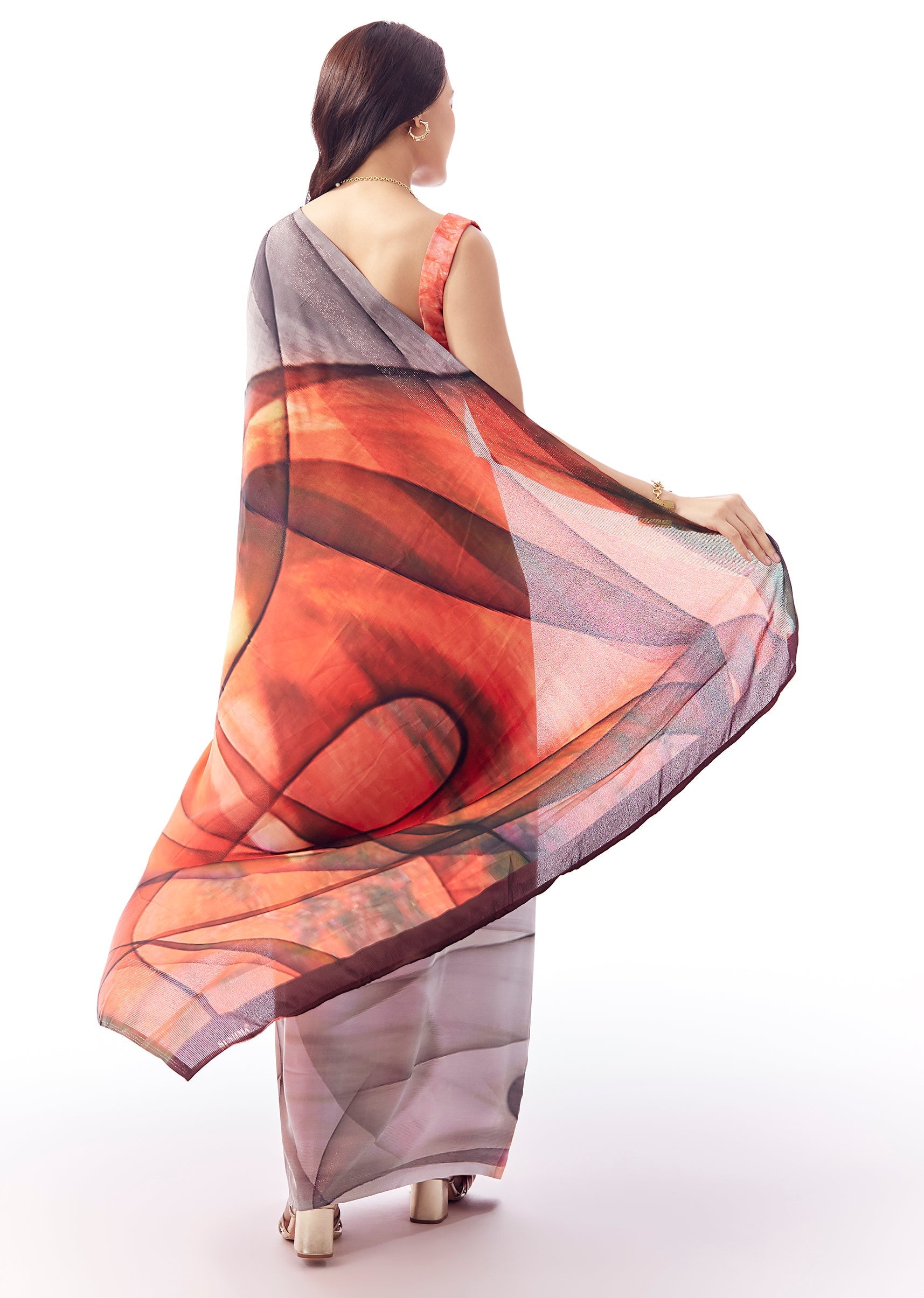 Blush Grey And Red Georgette Saree With All Over Abstract Print