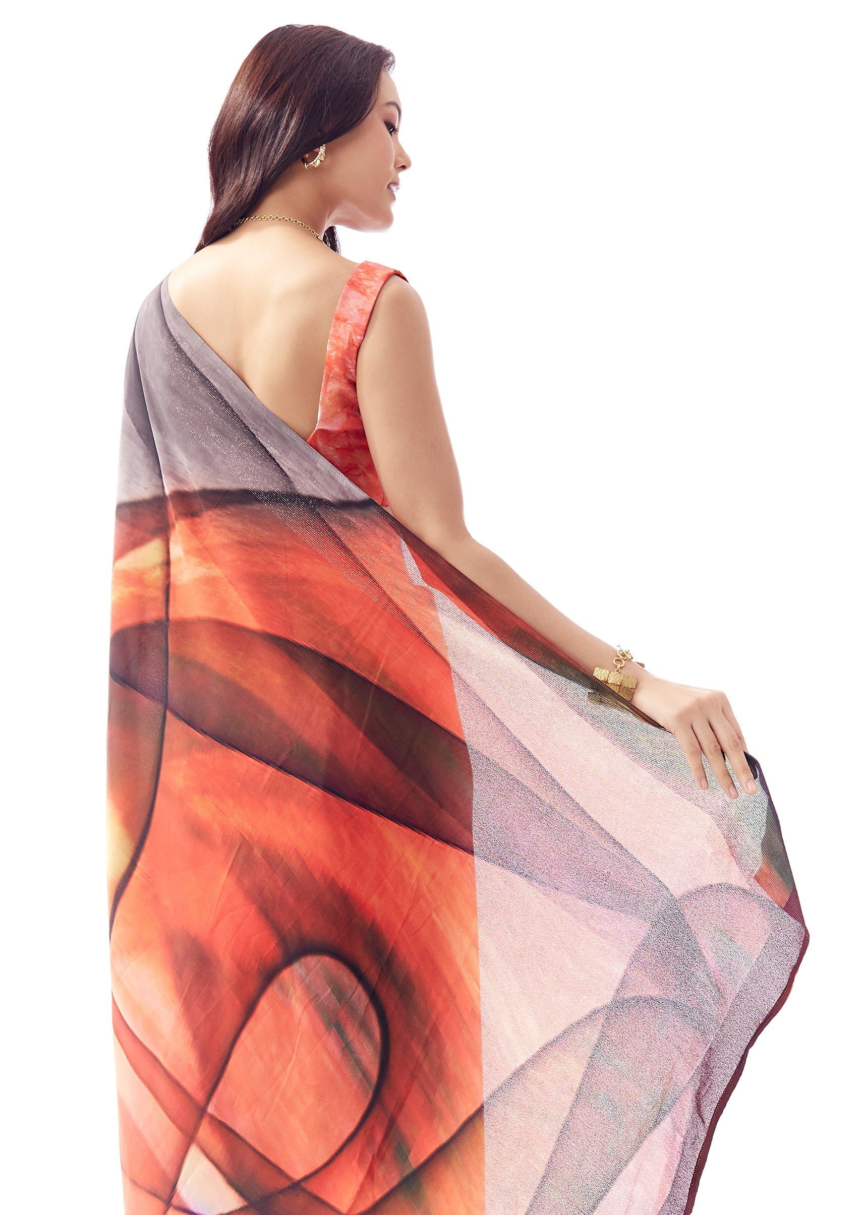 Blush Grey And Red Georgette Saree With All Over Abstract Print