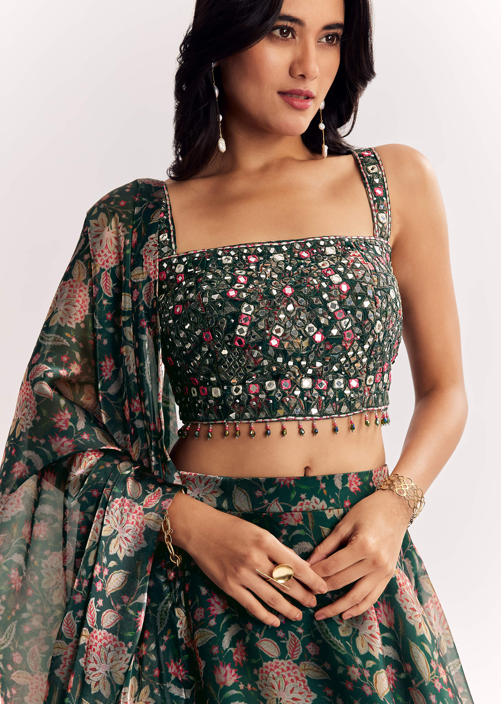 Bottle Green Mirror Work Lehenga Choli Set In Organza Tissue