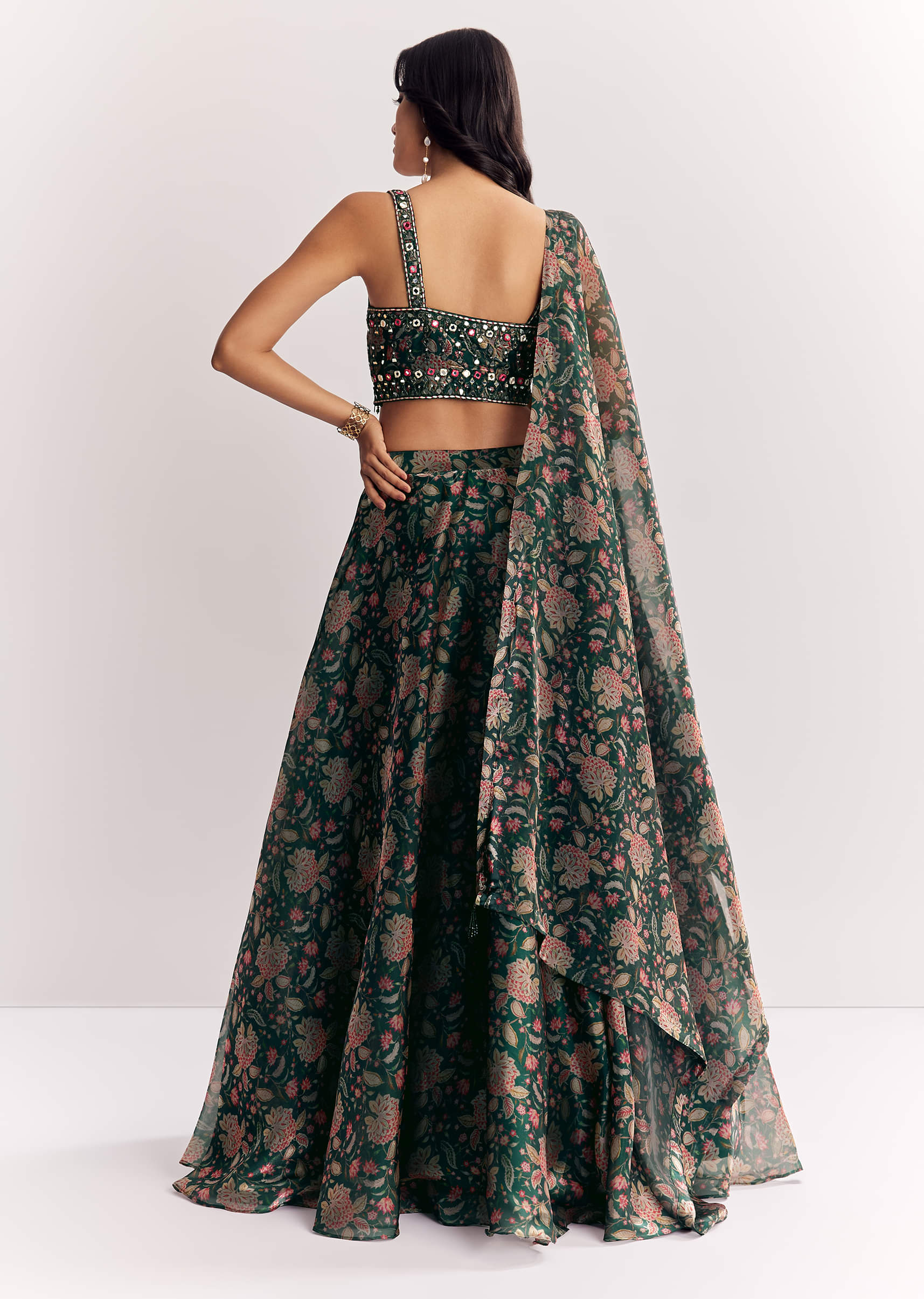 Bottle Green Mirror Work Lehenga Choli Set In Organza Tissue