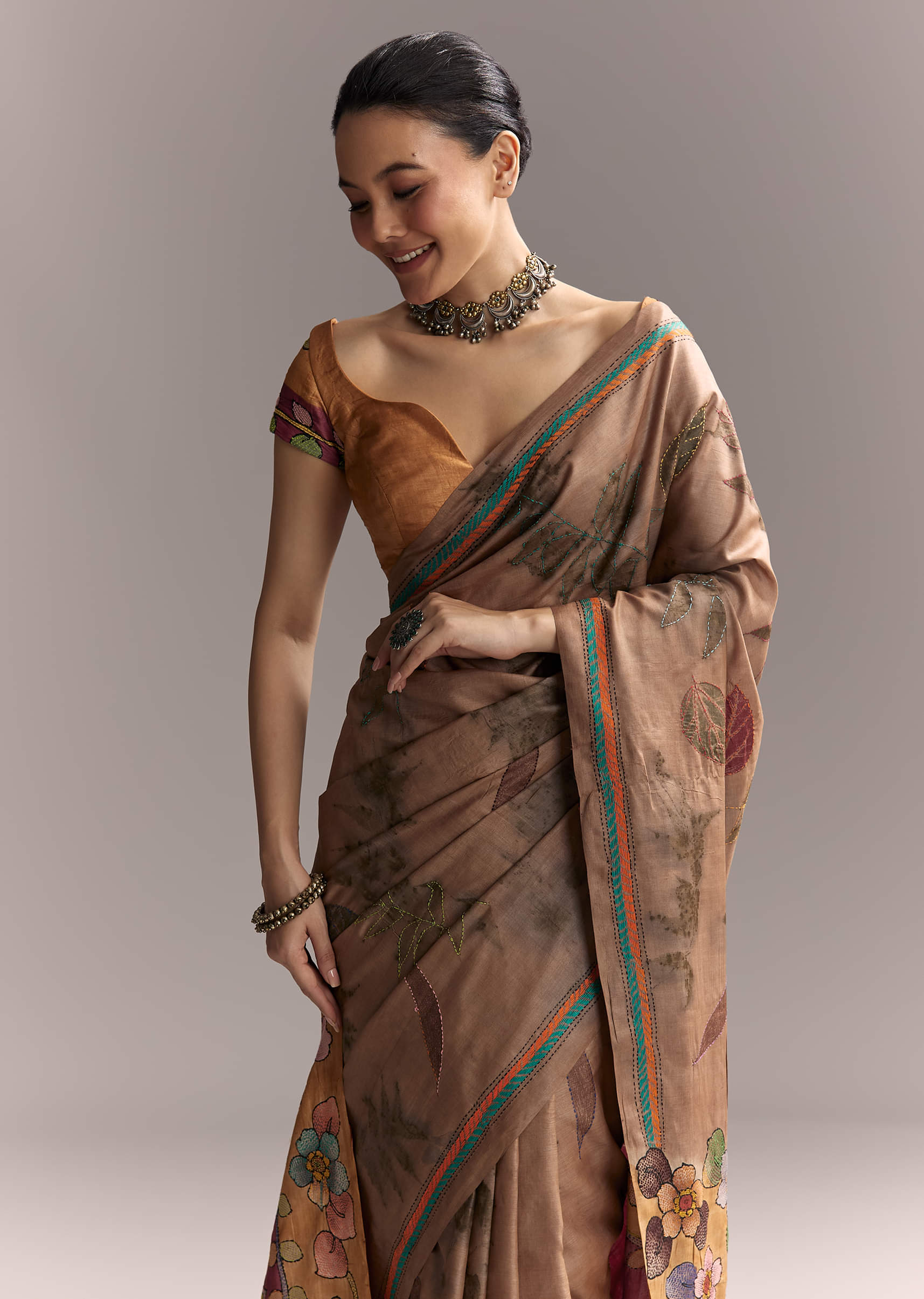 Brown Cotton Saree With Hand Painted Motifs And Contrast Border