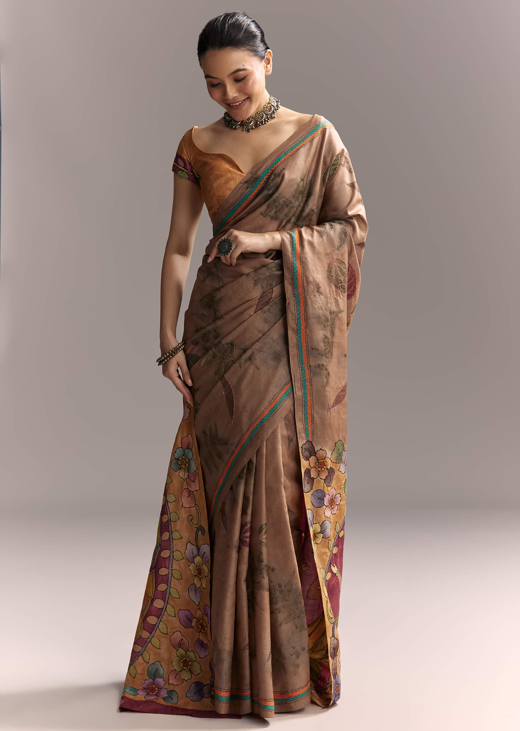 Brown Cotton Saree With Hand Painted Motifs And Contrast Border