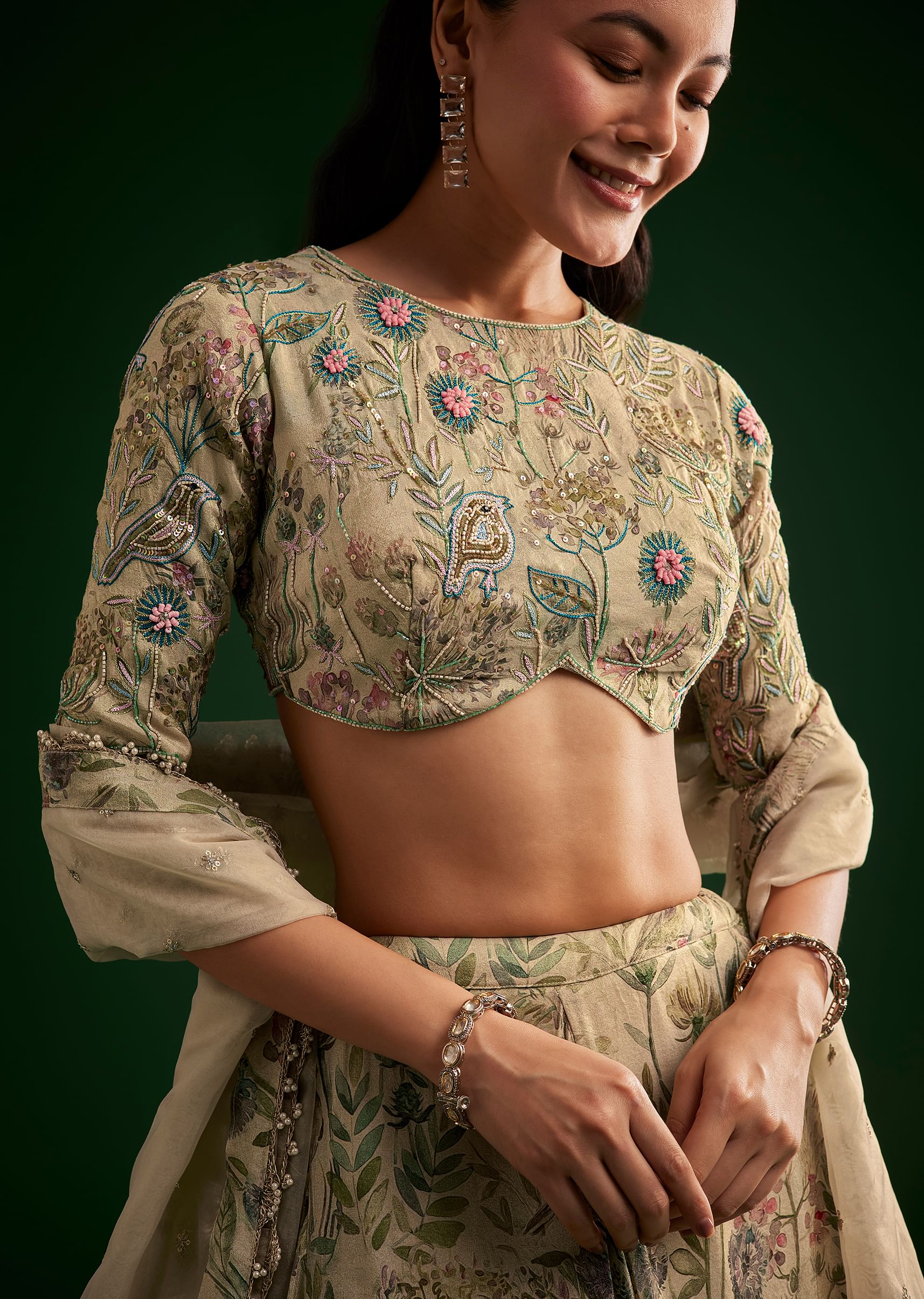 Cream Floral Lehenga Choli With Organza Dupatta