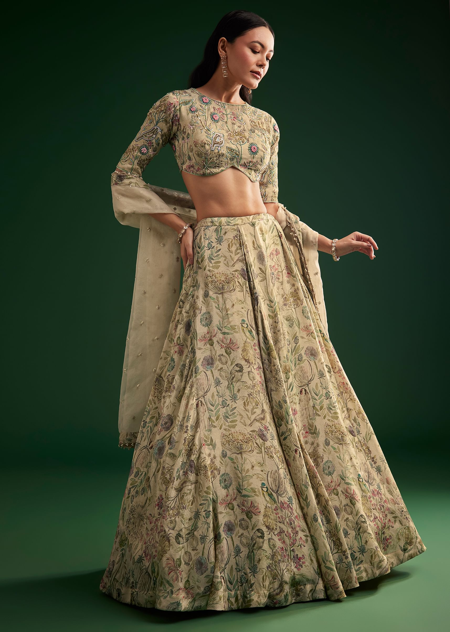 Cream Floral Lehenga Choli With Organza Dupatta
