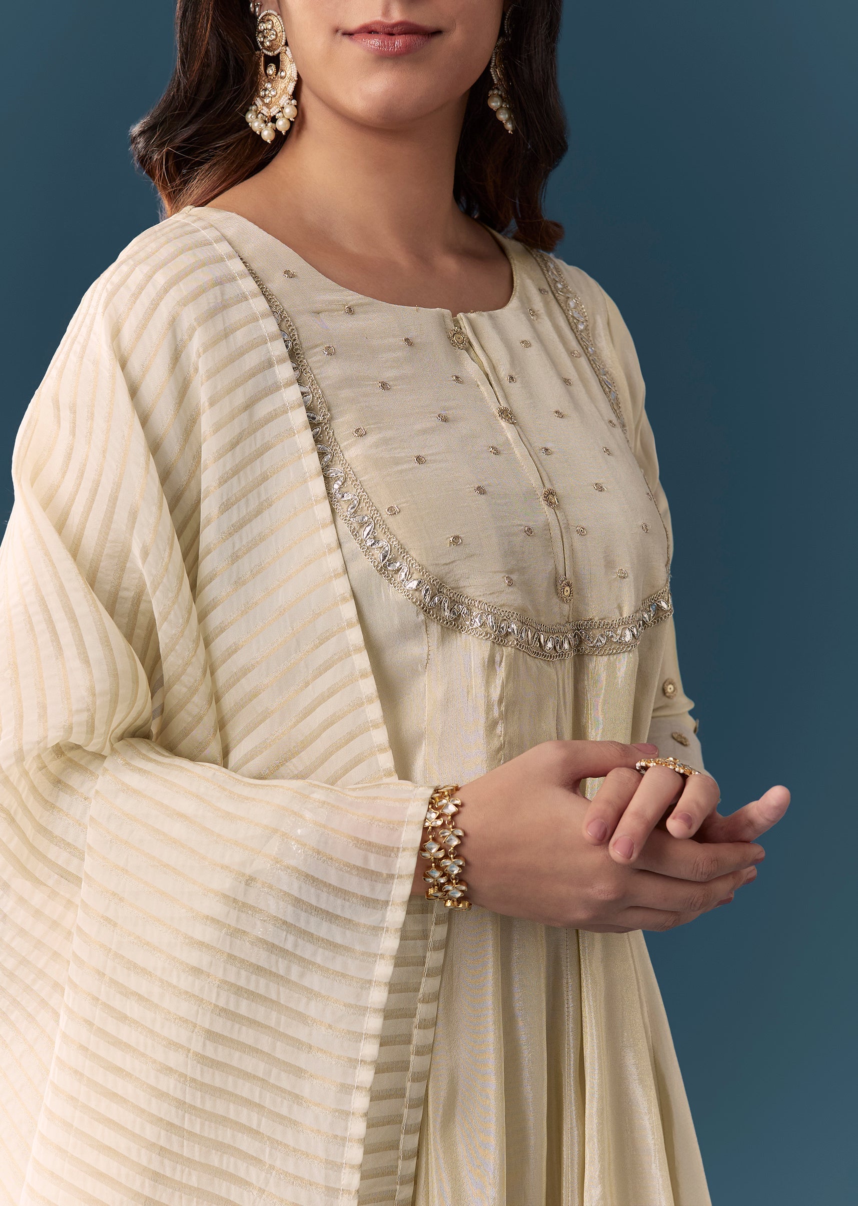 Cream Gotta Lace Tissue Anarkali Suit Set With Pant And Dupatta