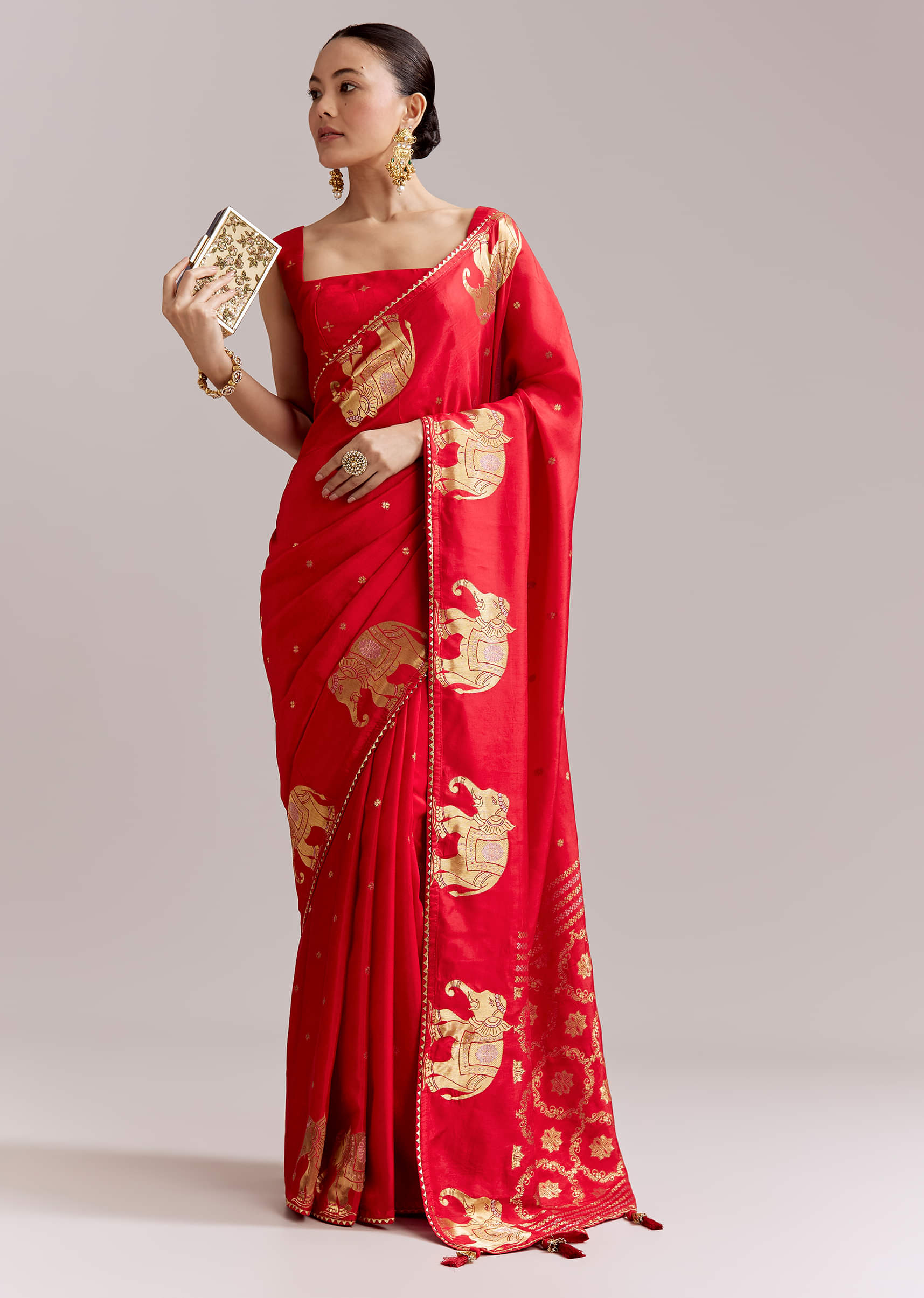 Crimson Red Chinon Woven Saree With Elephant Motifs