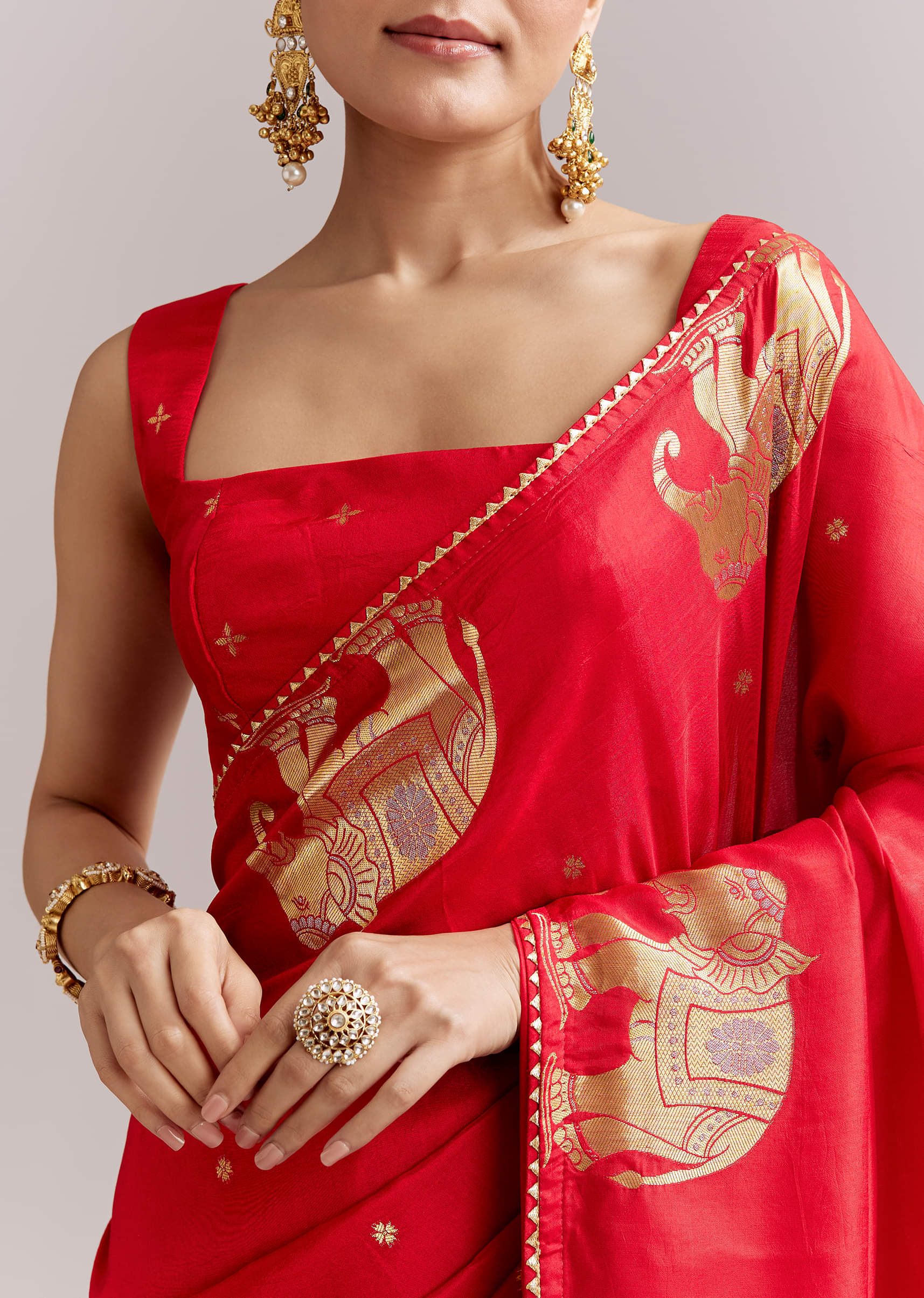 Crimson Red Chinon Woven Saree With Elephant Motifs