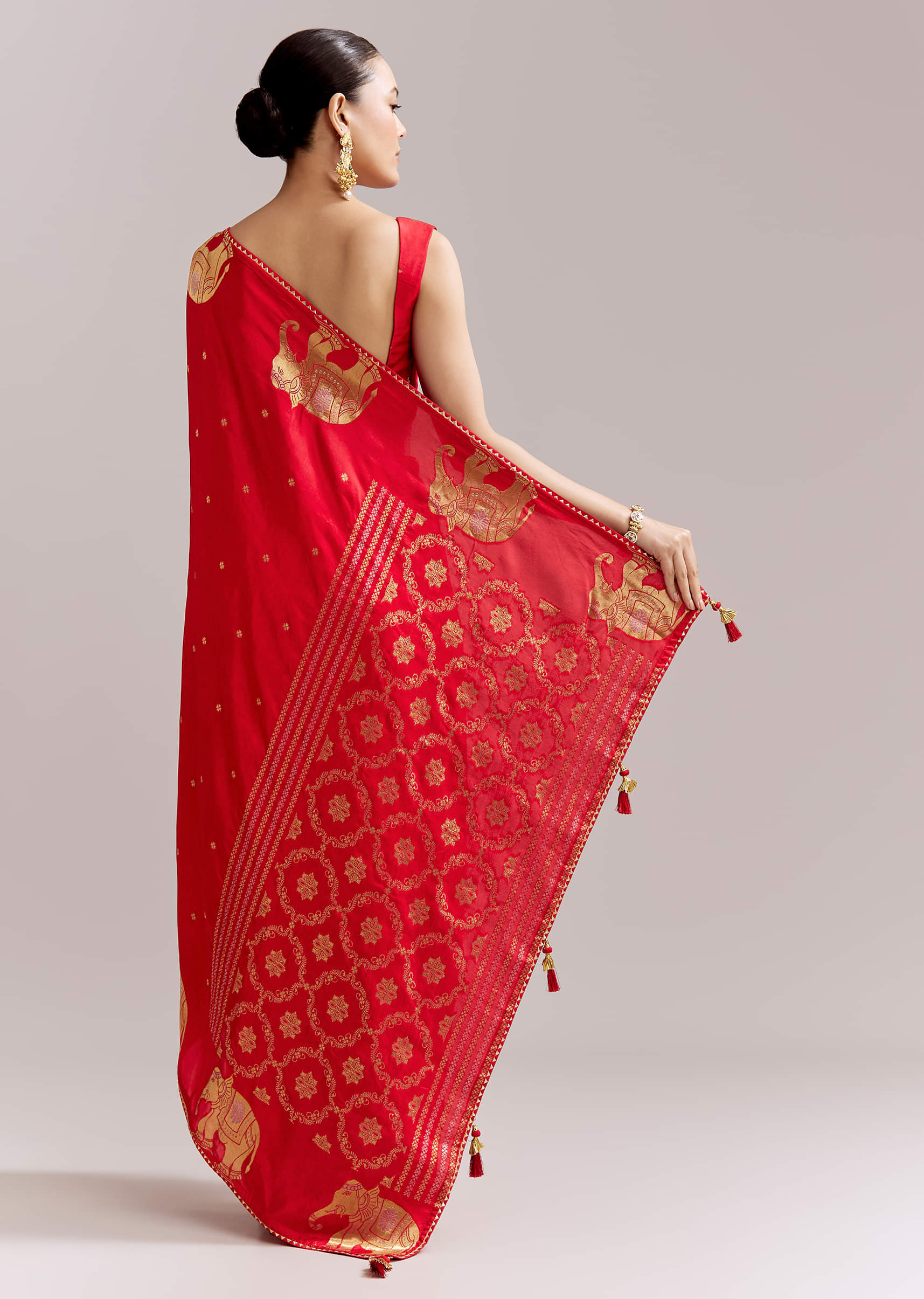Crimson Red Chinon Woven Saree With Elephant Motifs