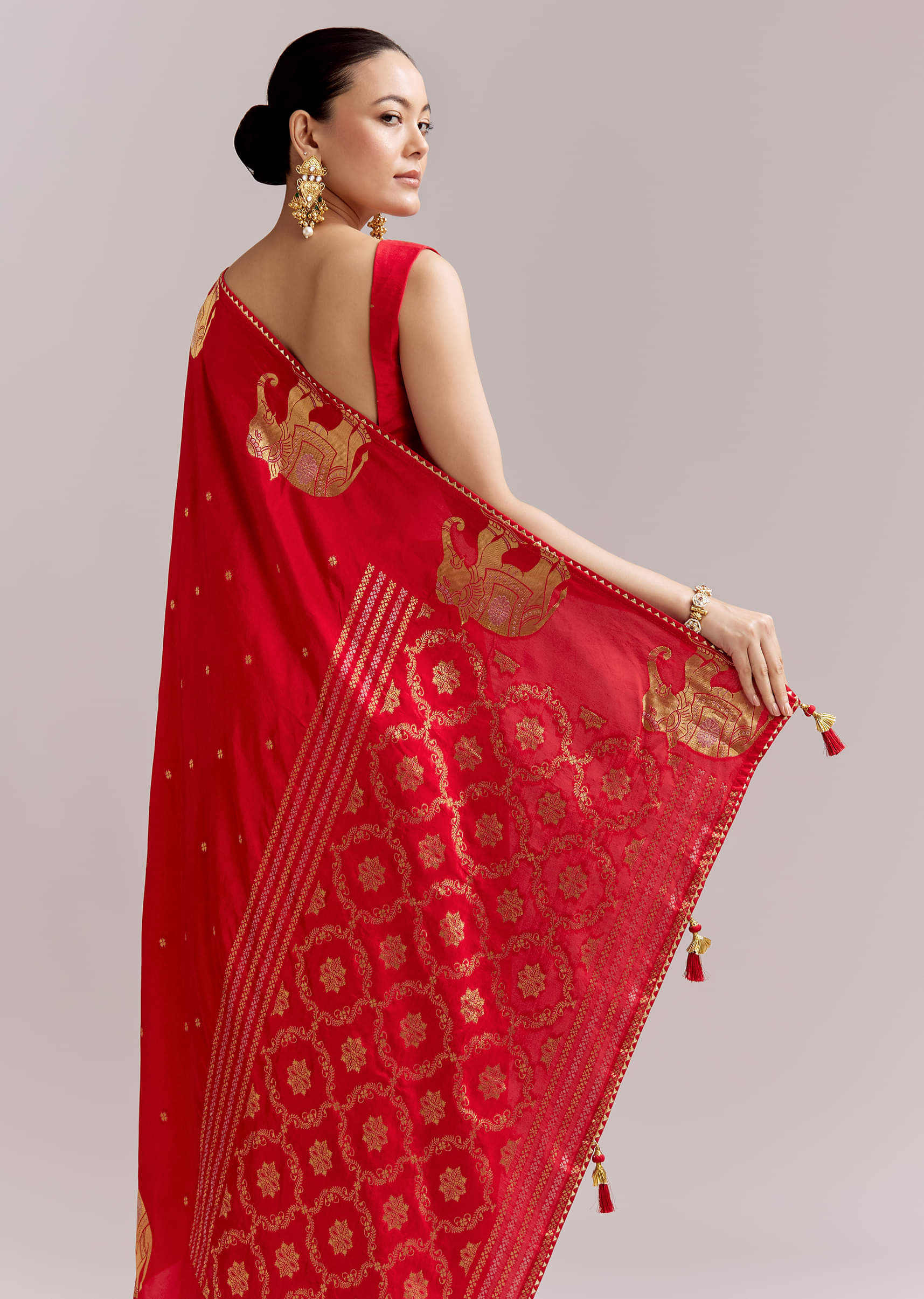Crimson Red Chinon Woven Saree With Elephant Motifs