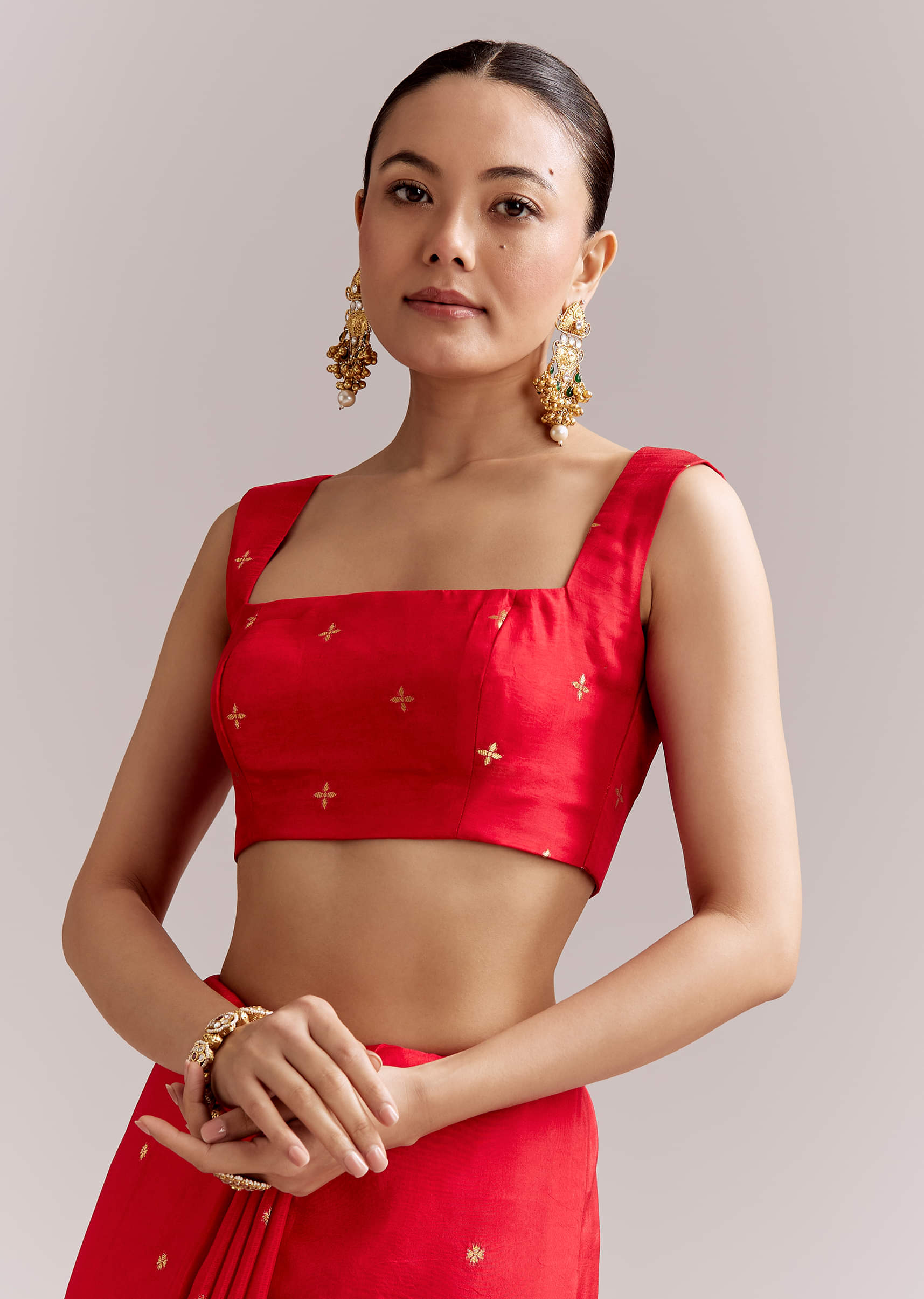 Crimson Red Chinon Woven Saree With Elephant Motifs