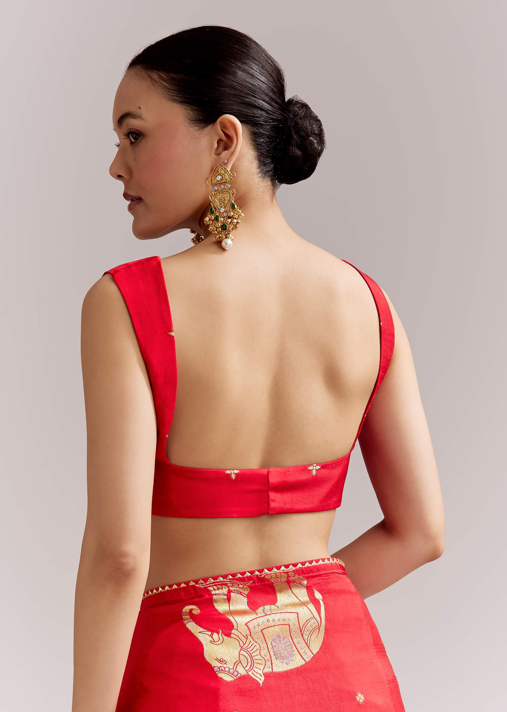 Crimson Red Chinon Woven Saree With Elephant Motifs