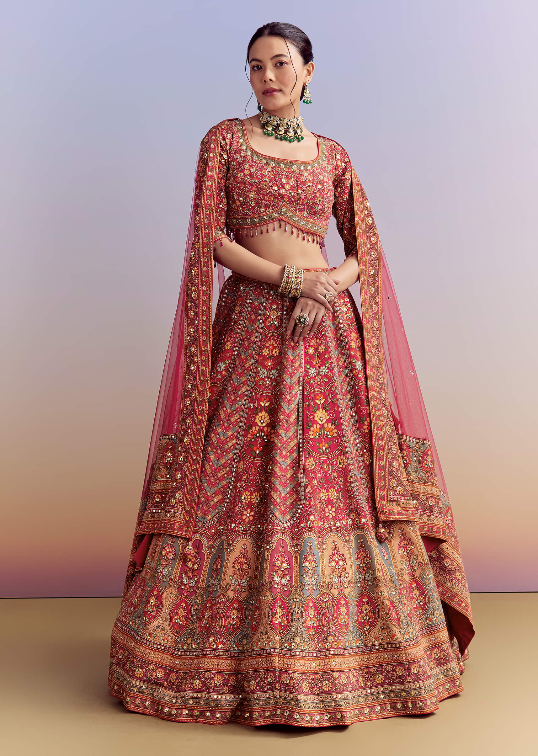 Crimson Red Crepe Printed Bridesmaid Lehenga With Embroidery