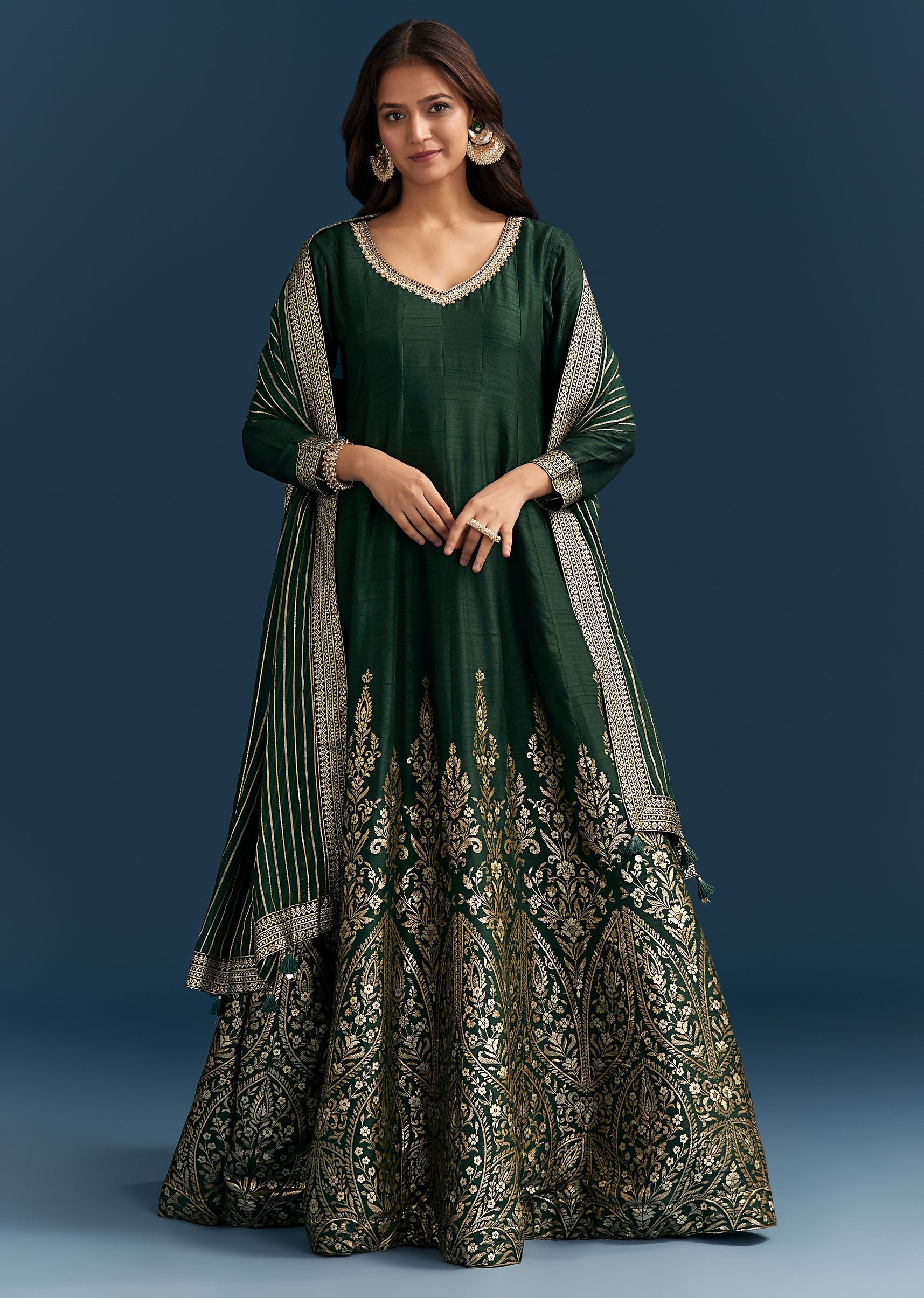 Dark Green Jacquard Silk Anarkali Suit With Festive Jacket Overlay