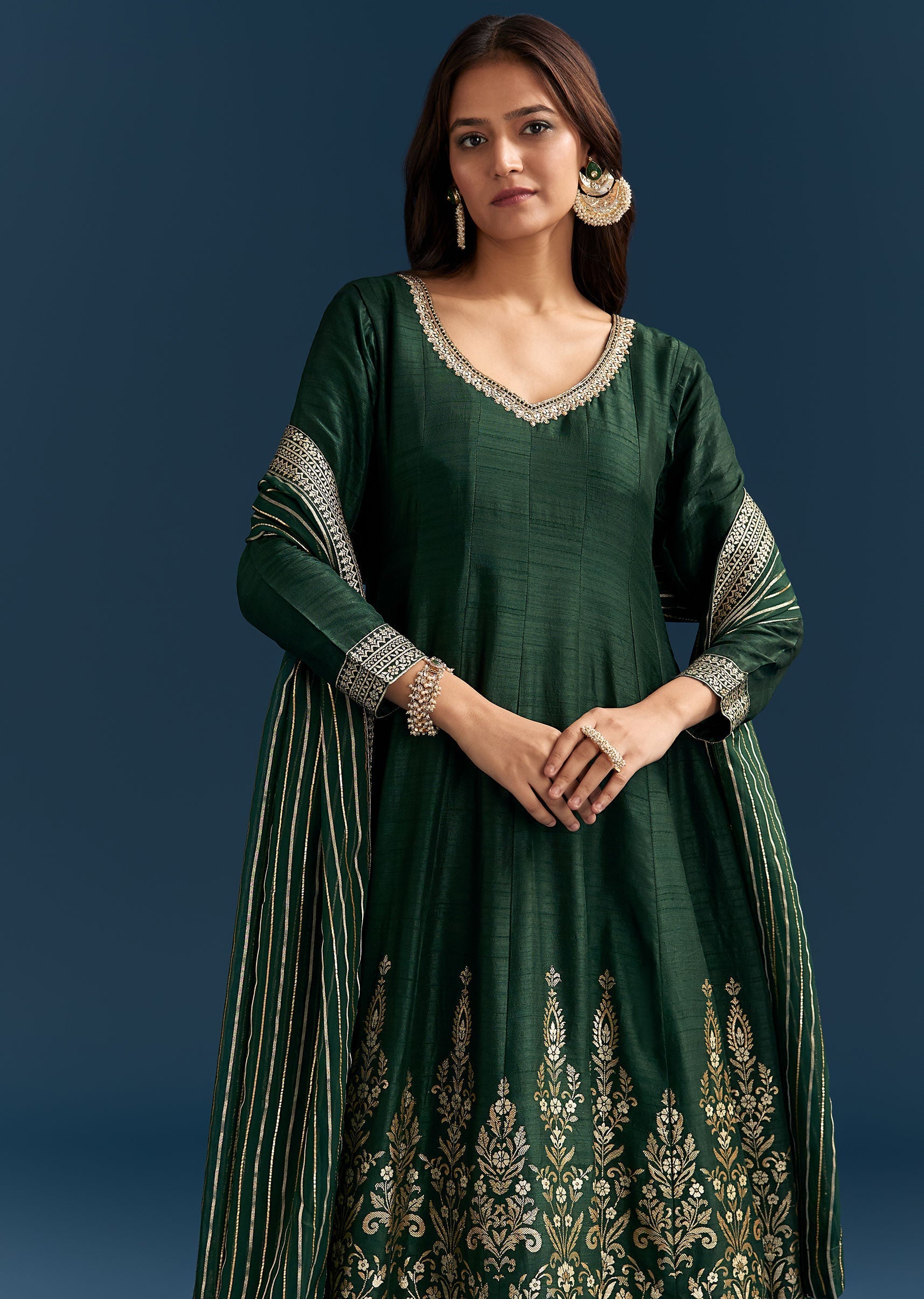 Dark Green Jacquard Silk Anarkali Suit With Festive Jacket Overlay