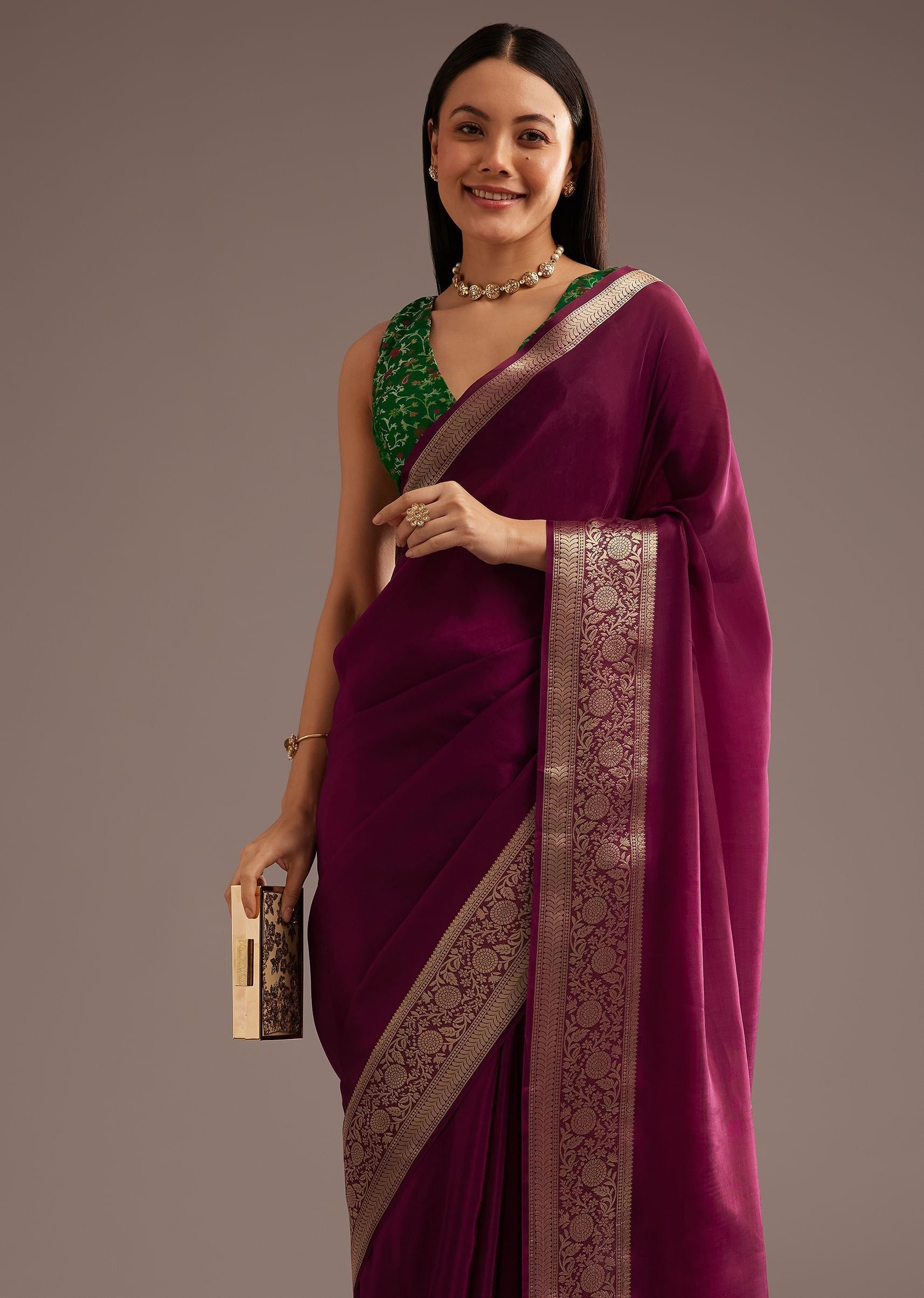 Dark Wine Crepe Silk Saree With Zari Border And Contrast Blouse
