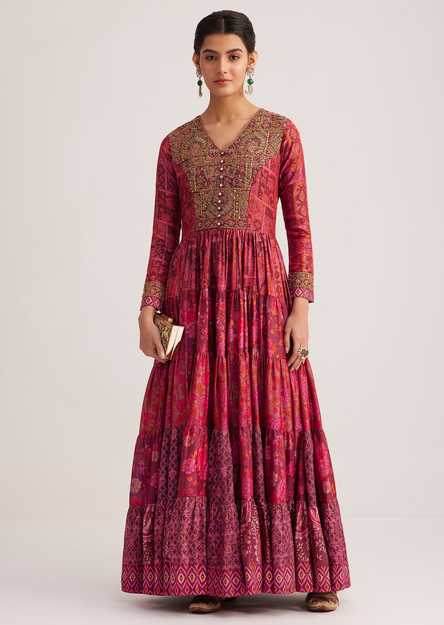 Dark Pink Silk Kurta With Indie Print