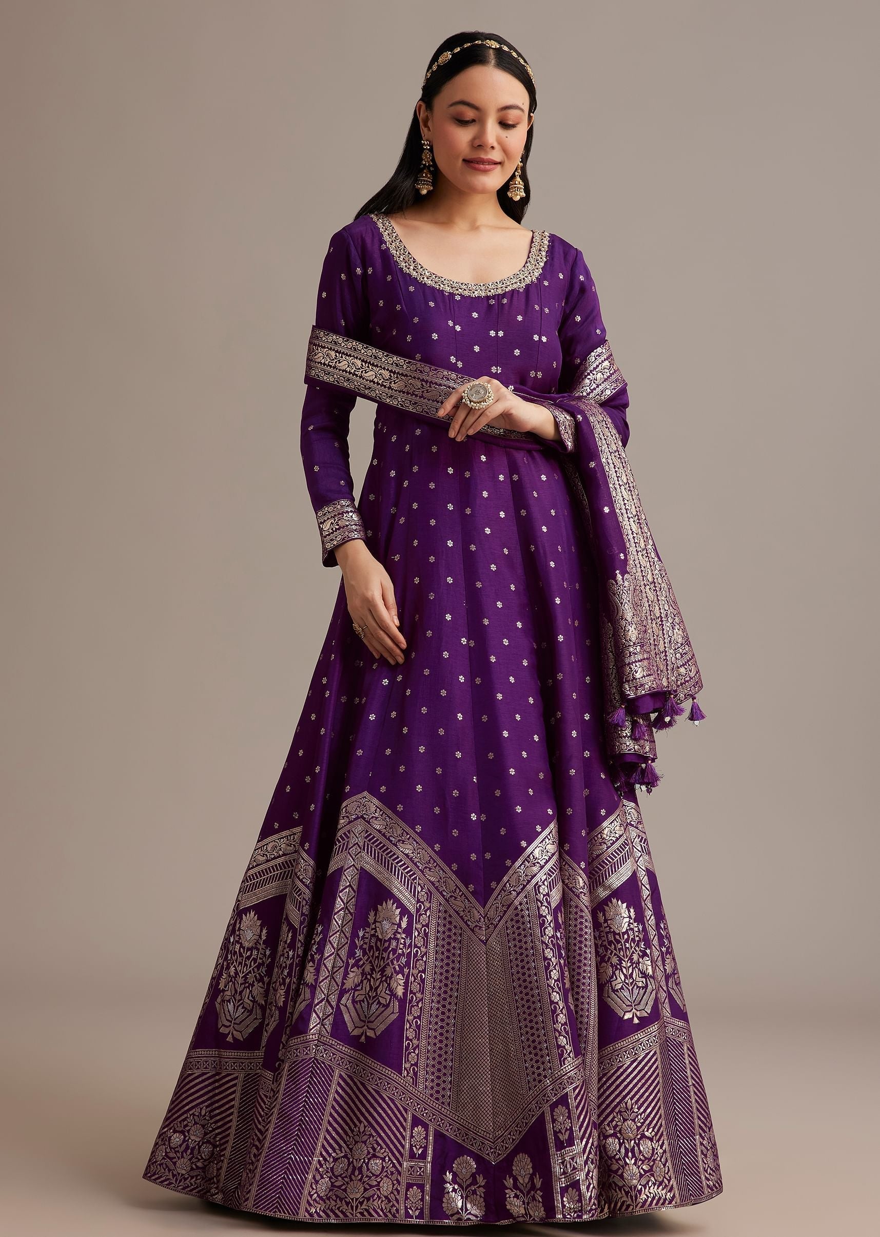 Dark Purple Gold Weave Anarkali Set With Banarasi Dupatta
