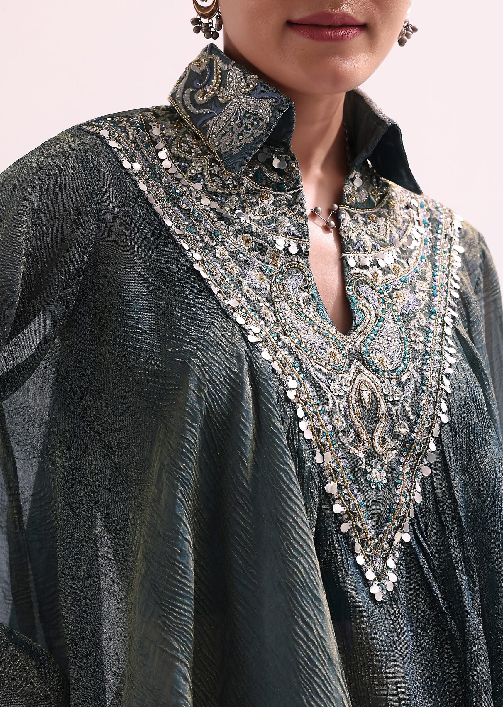 Teal Green Croptop And Dhoti With Embroidered Cape