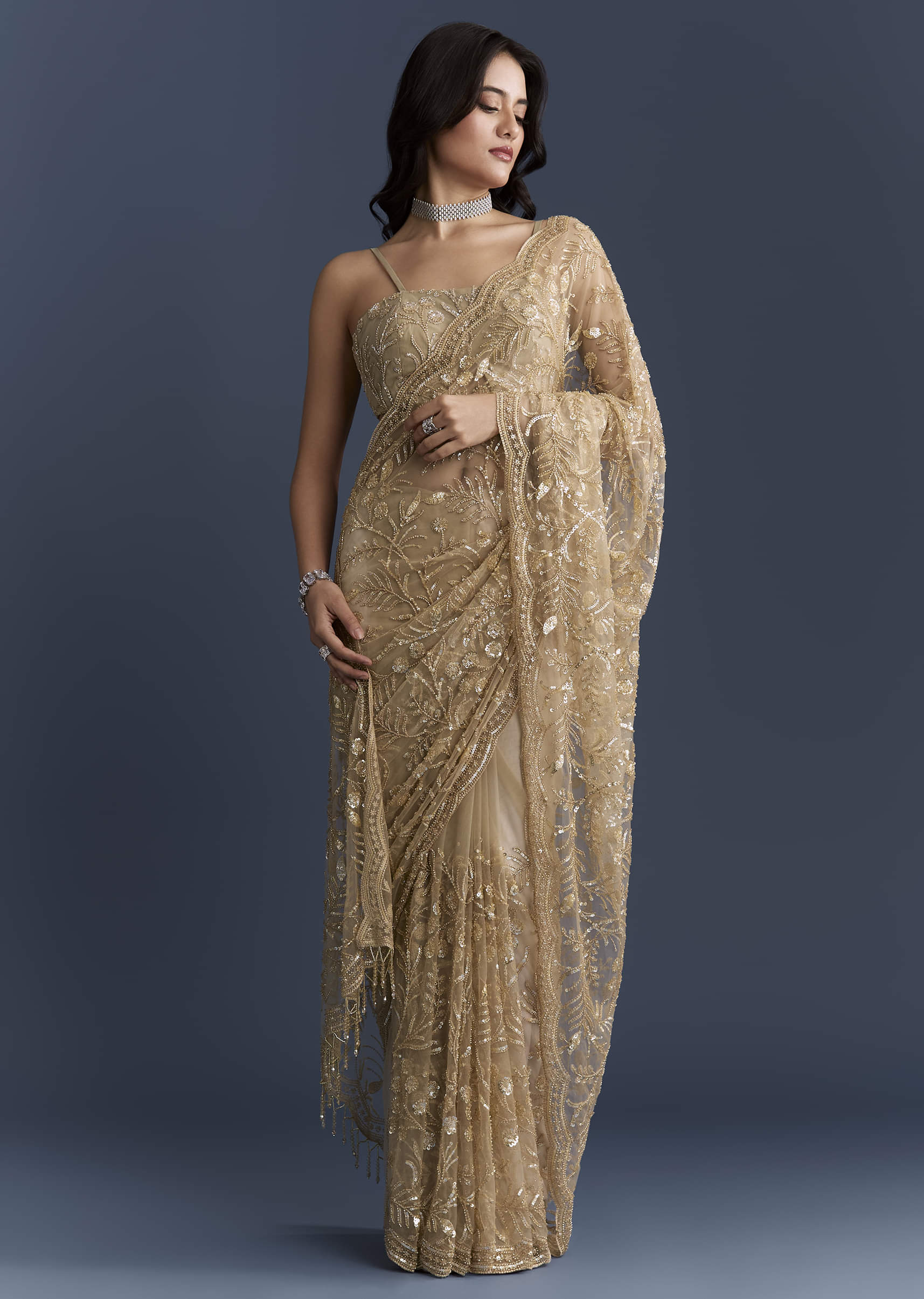 Gold Net Saree With Floral Sequins Work