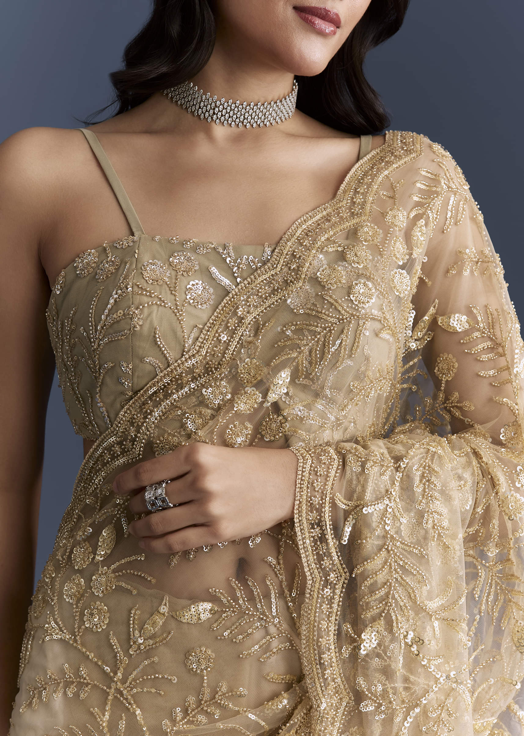 Gold Net Saree With Floral Sequins Work