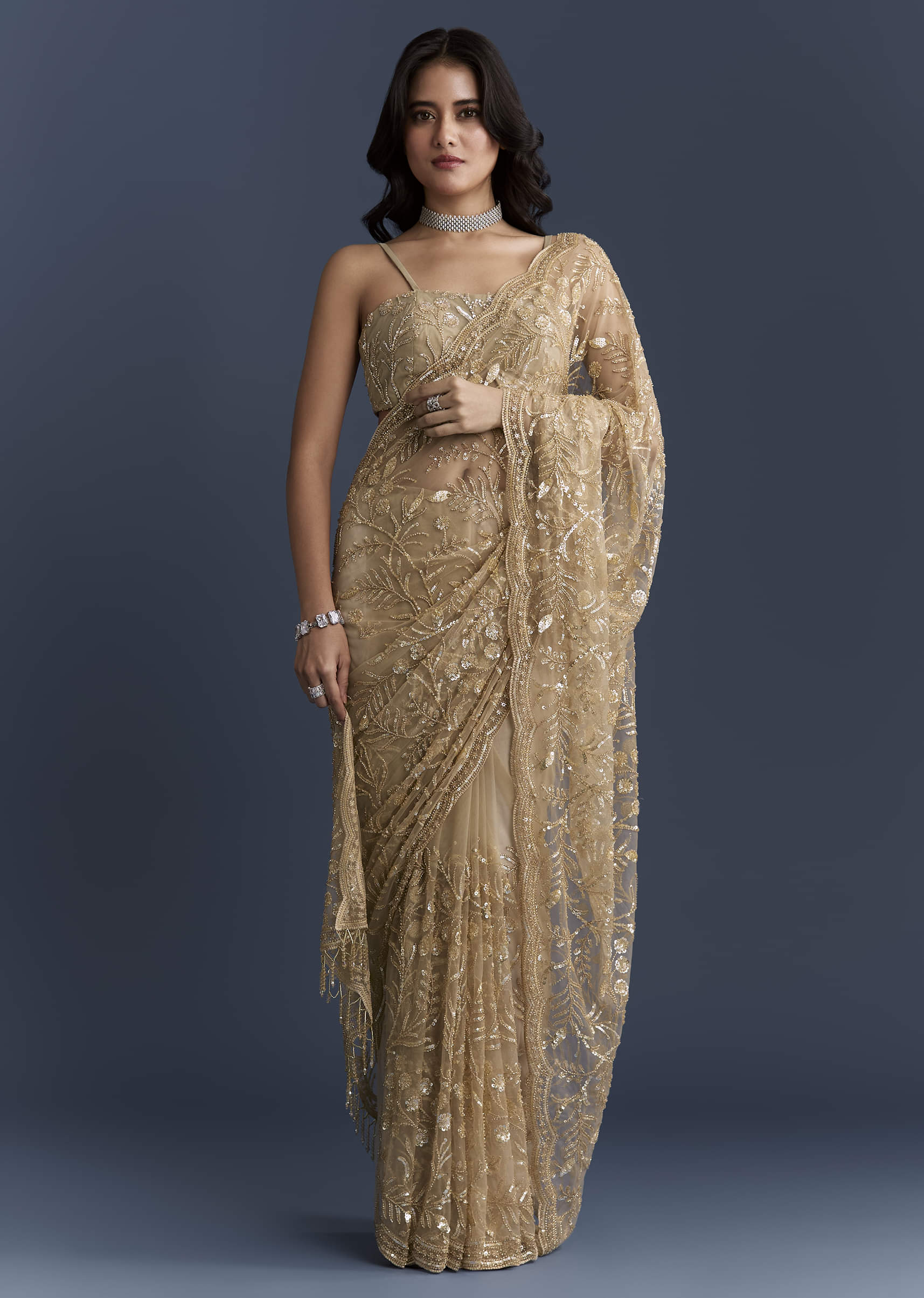 Gold Net Saree With Floral Sequins Work