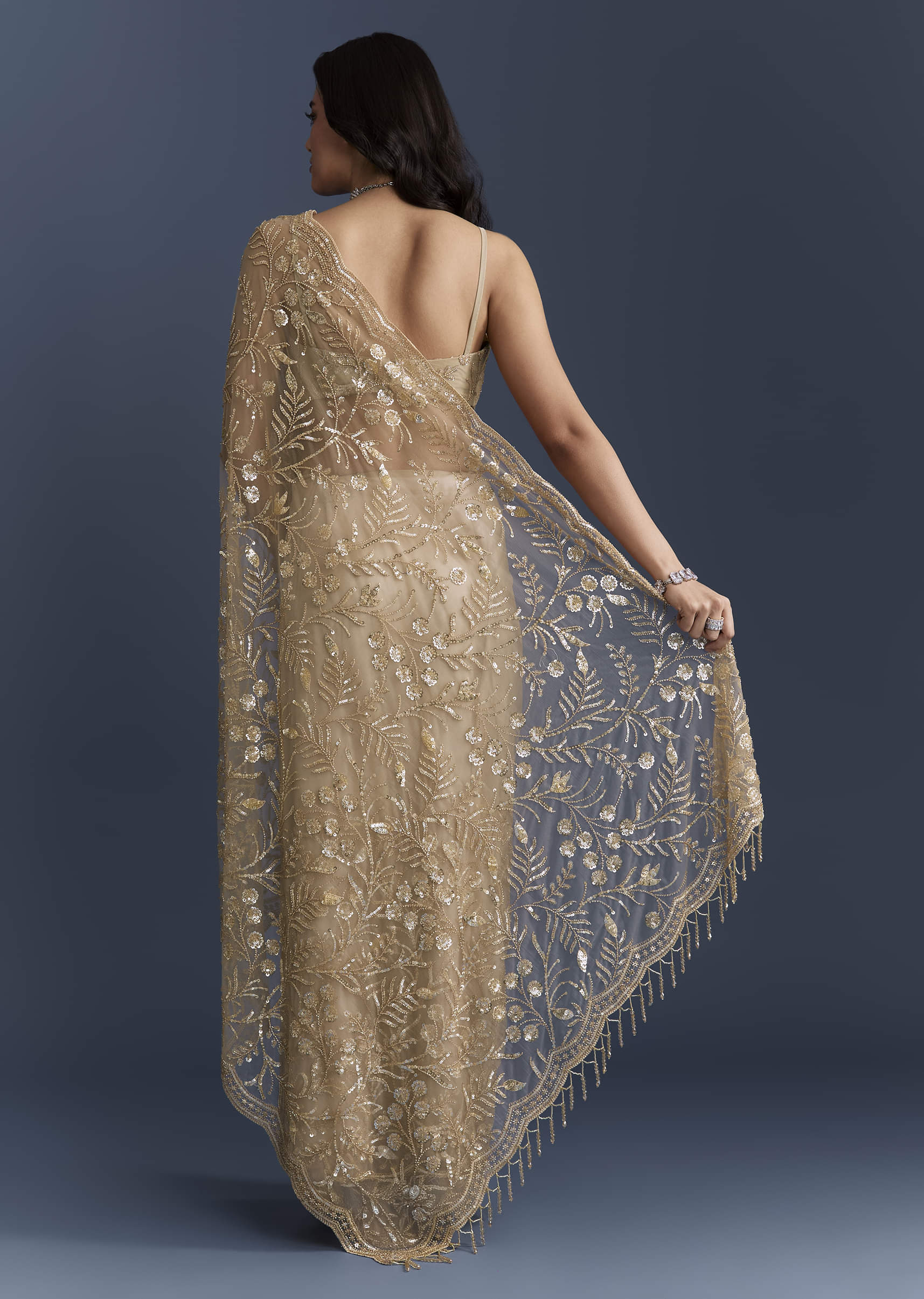 Gold Net Saree With Floral Sequins Work