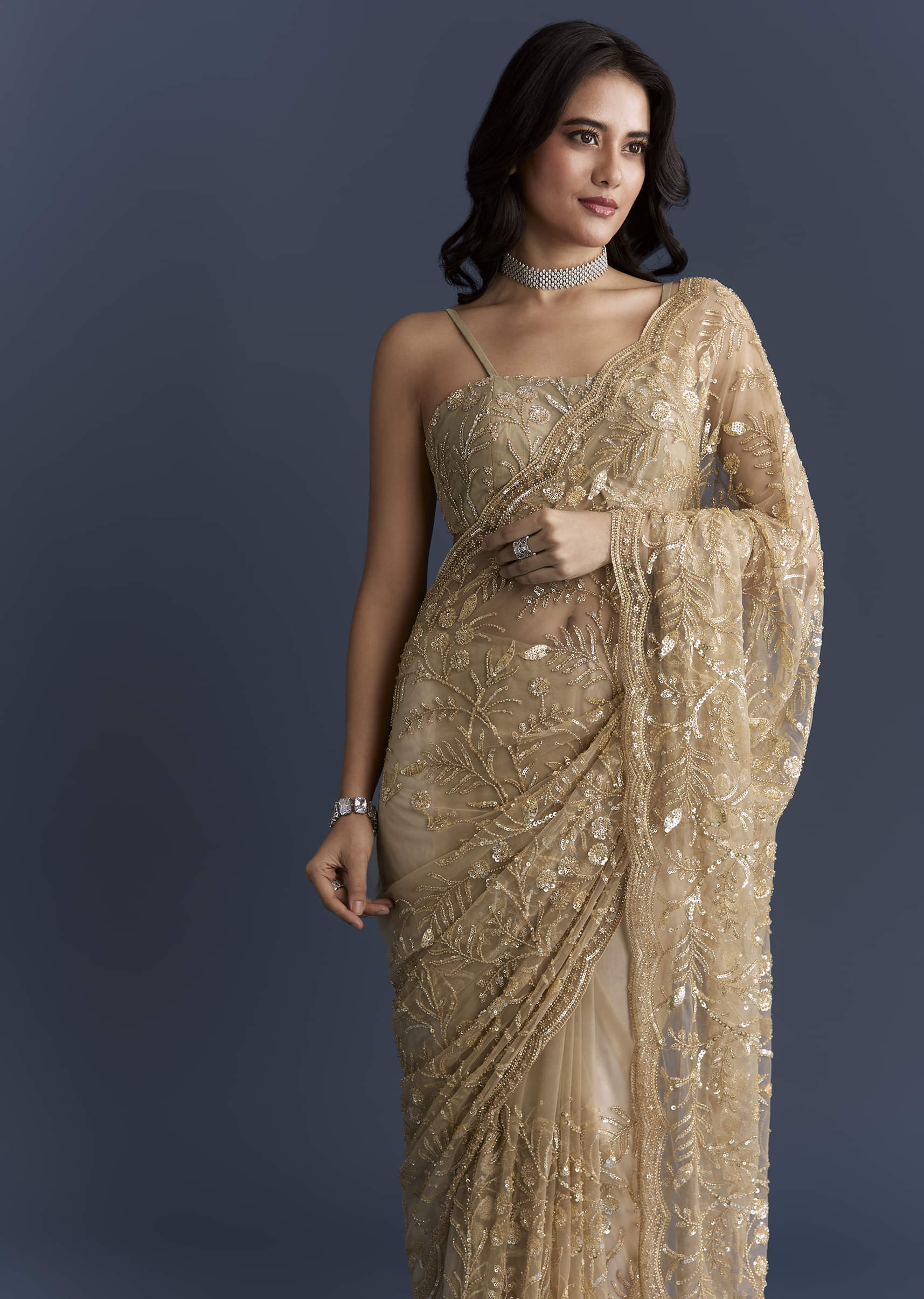 Gold Net Saree With Floral Sequins Work