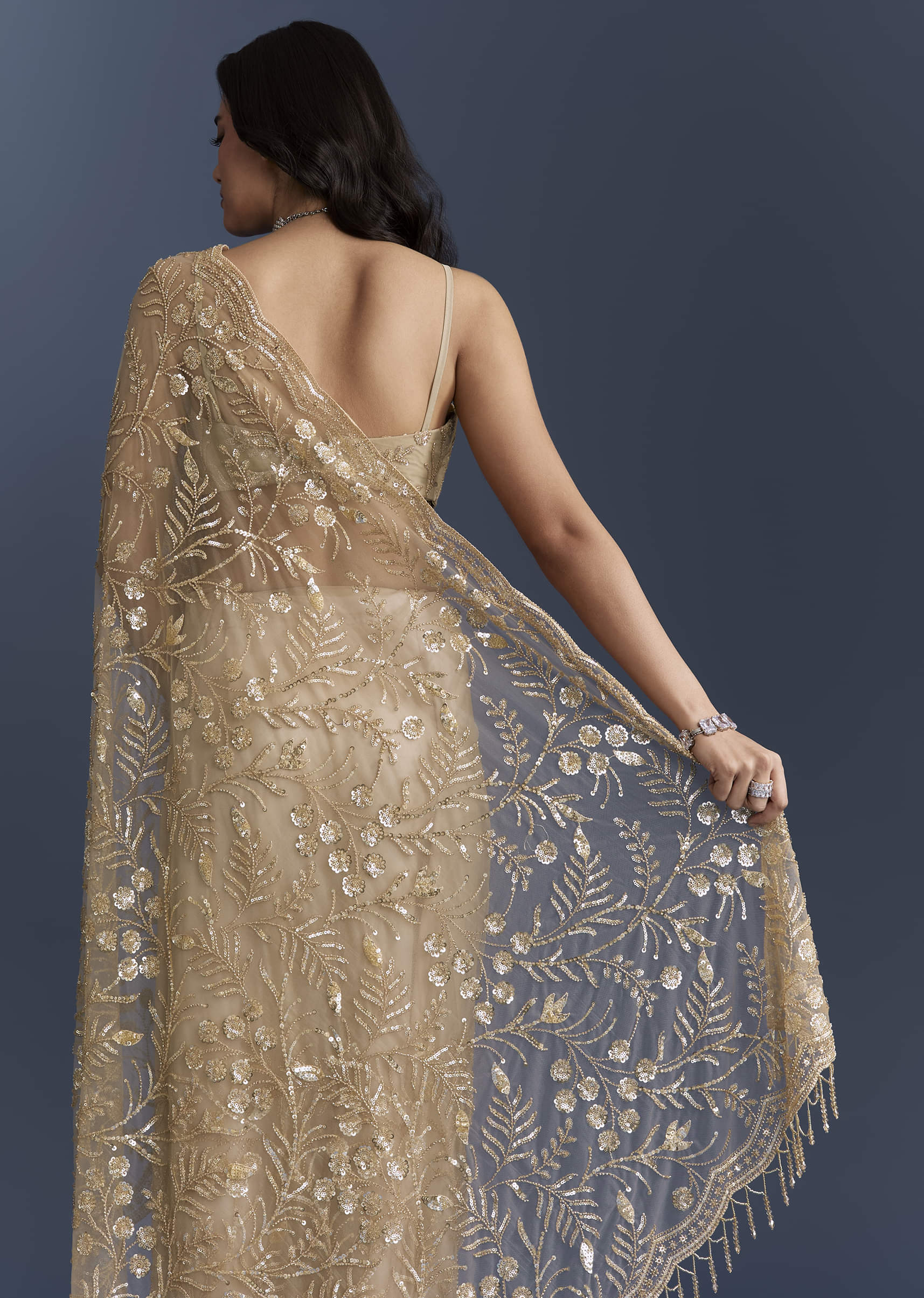 Gold Net Saree With Floral Sequins Work