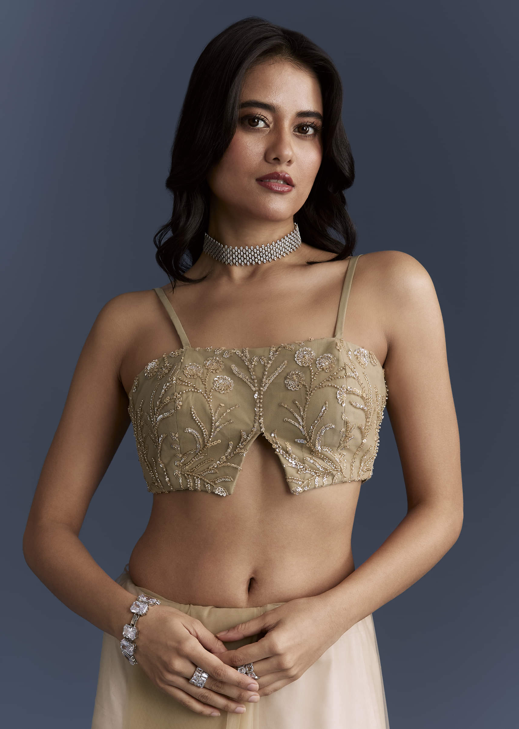 Gold Net Saree With Floral Sequins Work