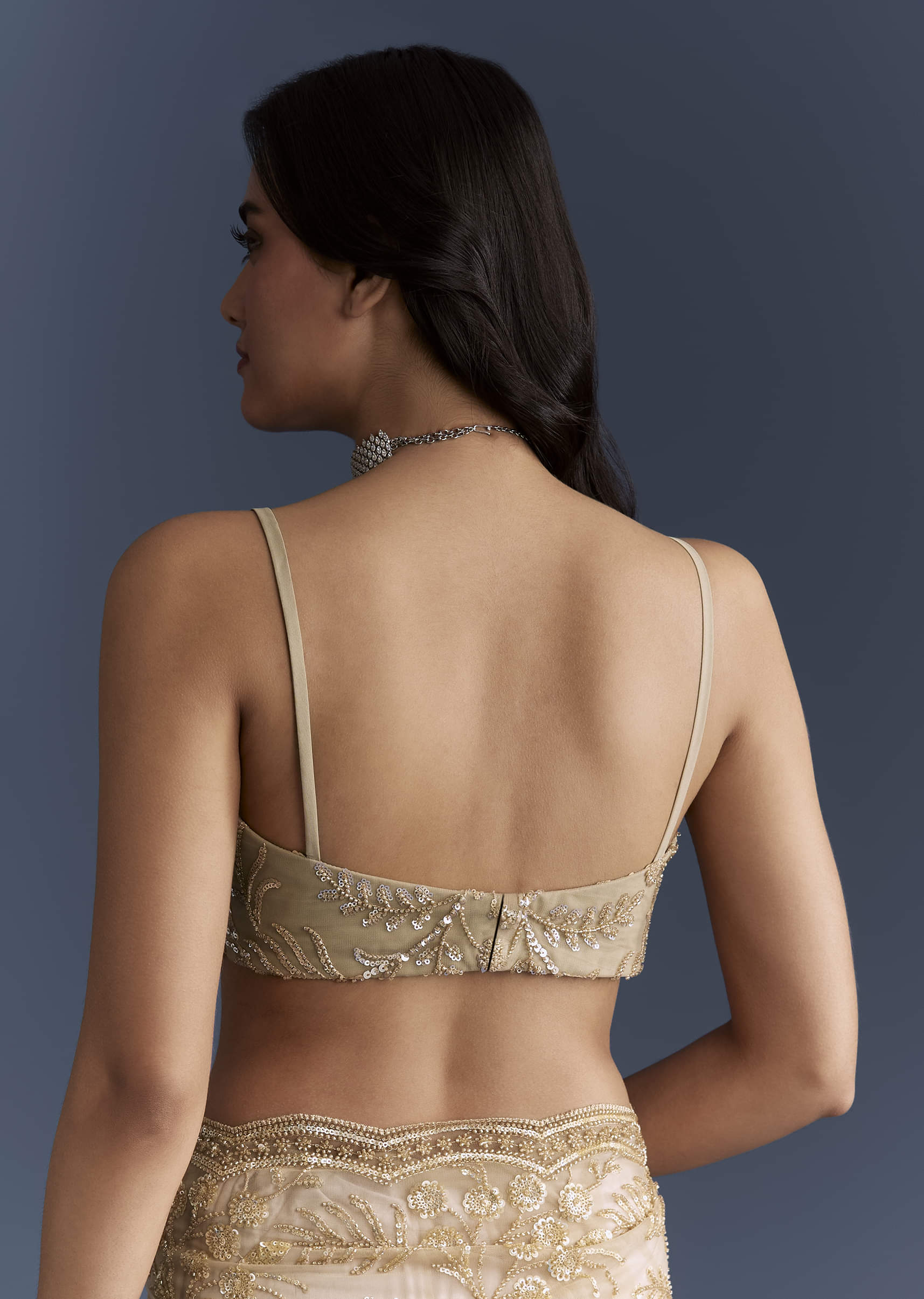 Gold Net Saree With Floral Sequins Work