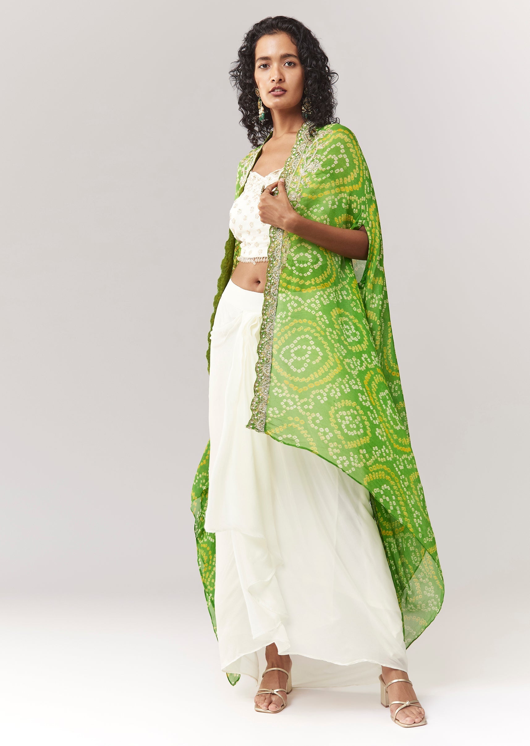 Green Bandhani Cape And Embellished Sweetheart Croptop With Skirt