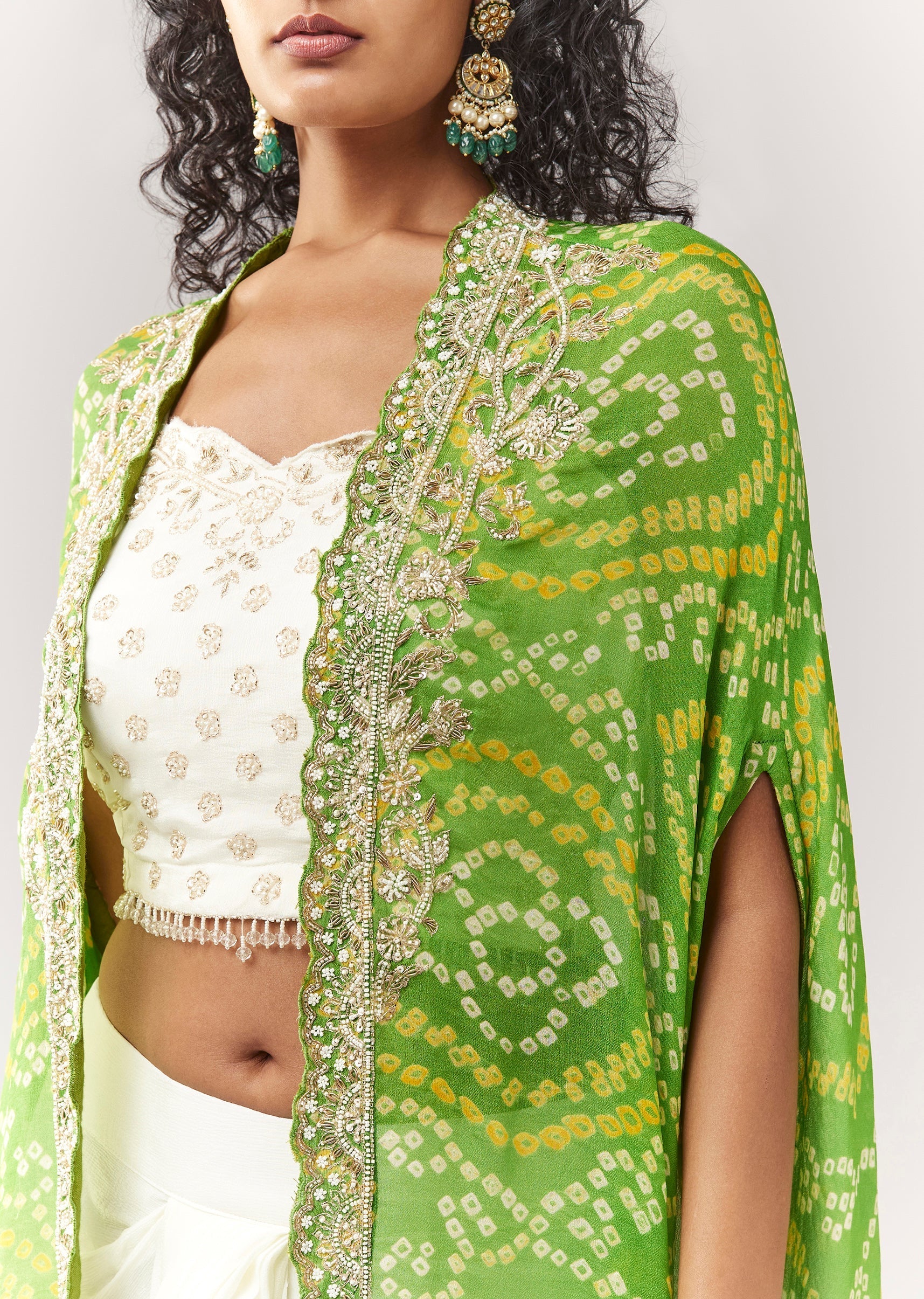 Green Bandhani Cape And Embellished Sweetheart Croptop With Skirt