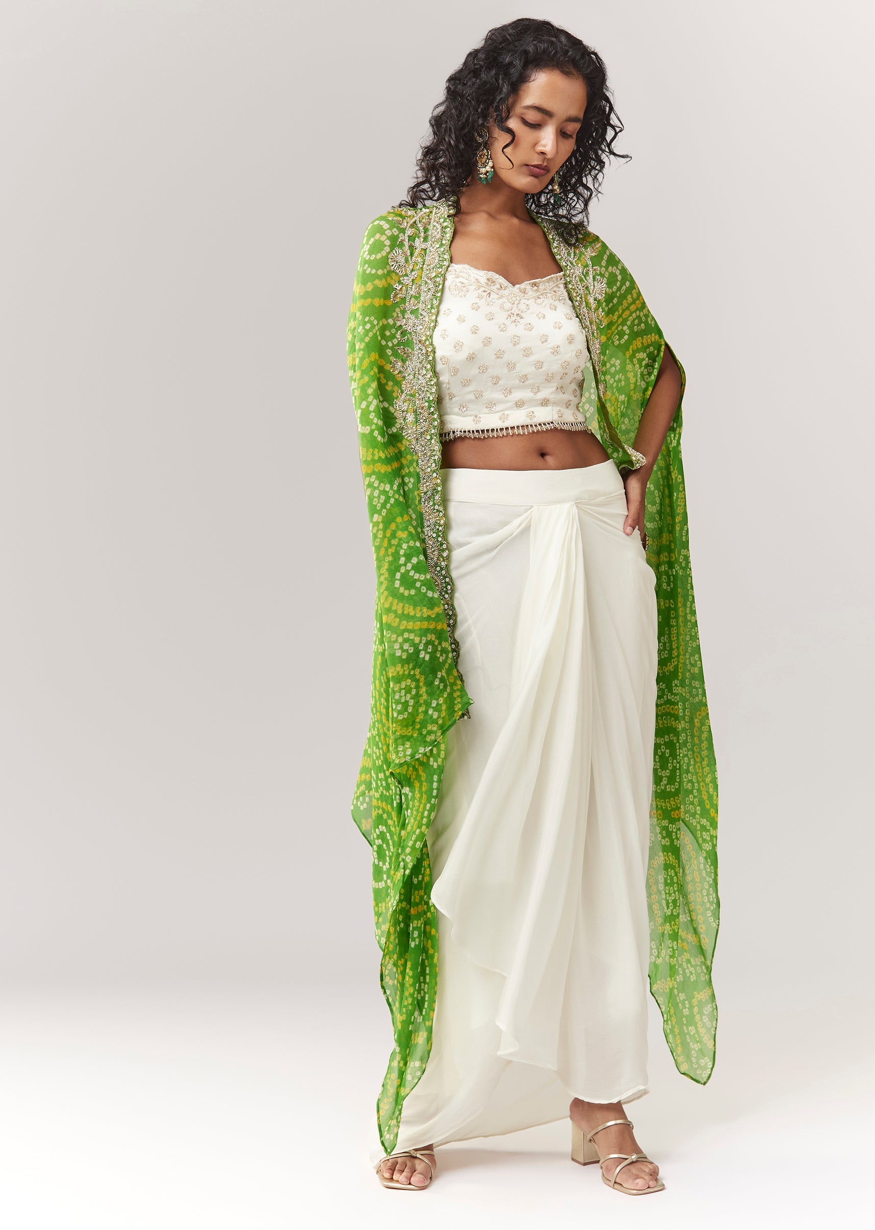 Green Bandhani Cape And Embellished Sweetheart Croptop With Skirt