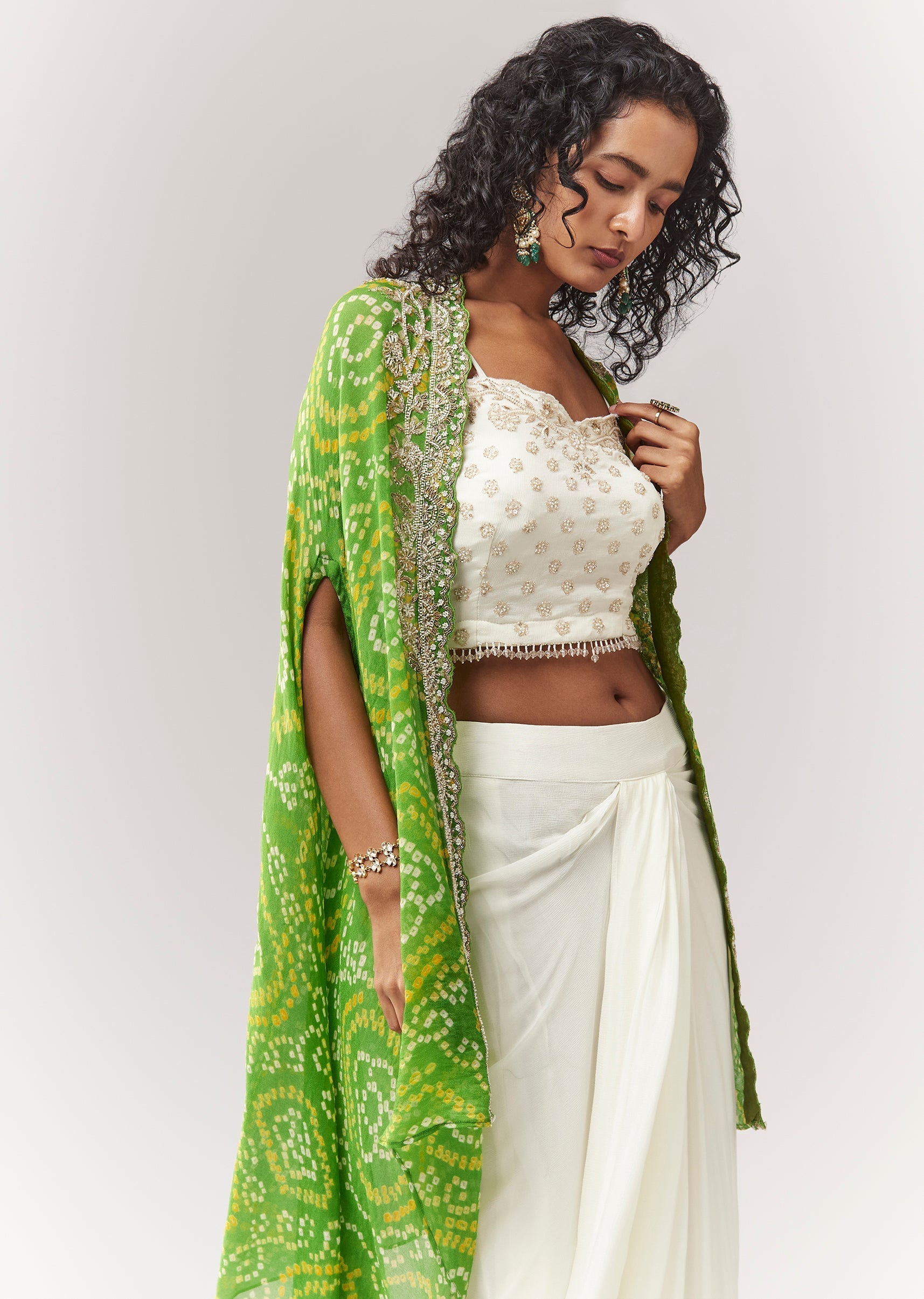 Green Bandhani Cape And Embellished Sweetheart Croptop With Skirt