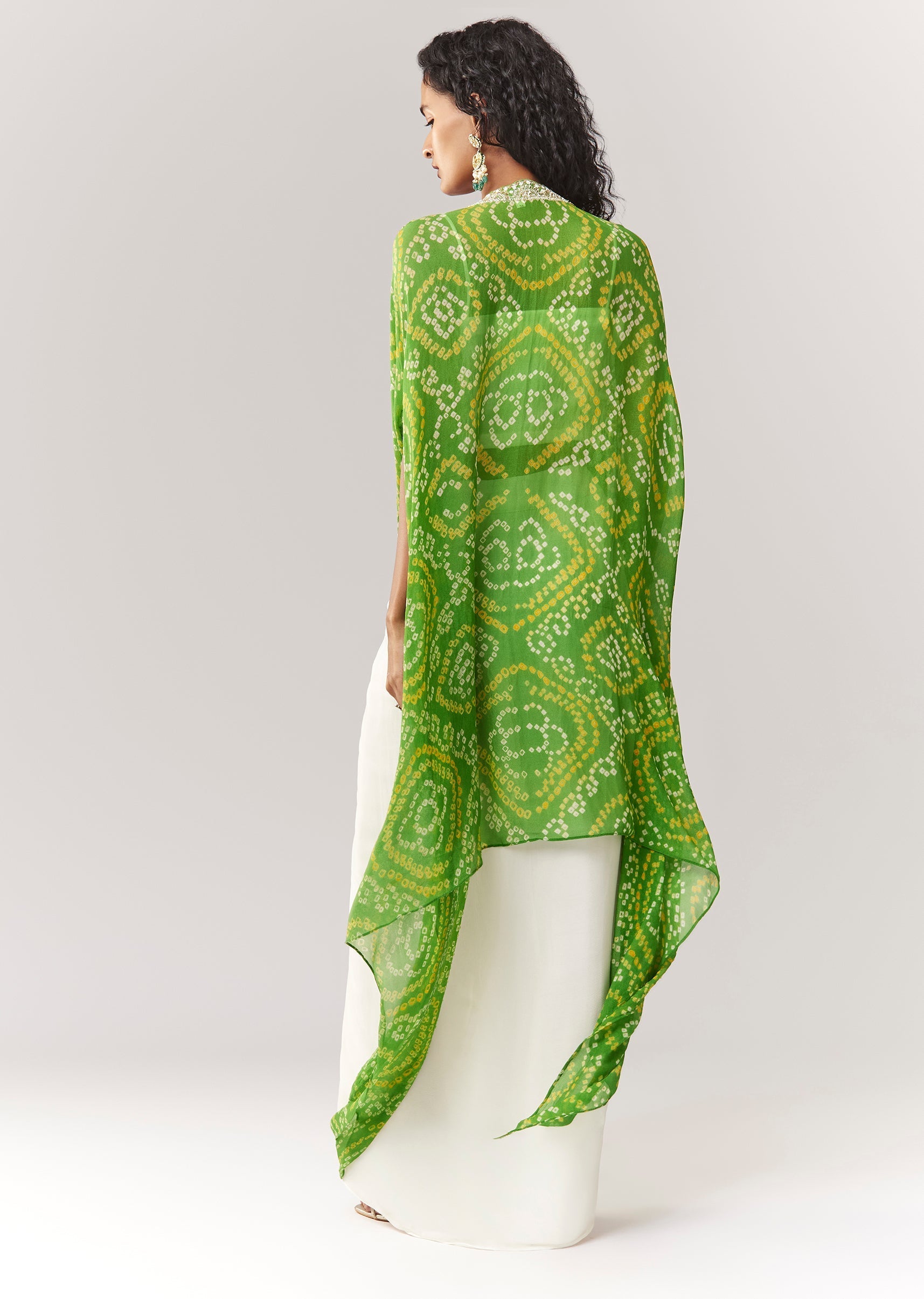 Green Bandhani Cape And Embellished Sweetheart Croptop With Skirt